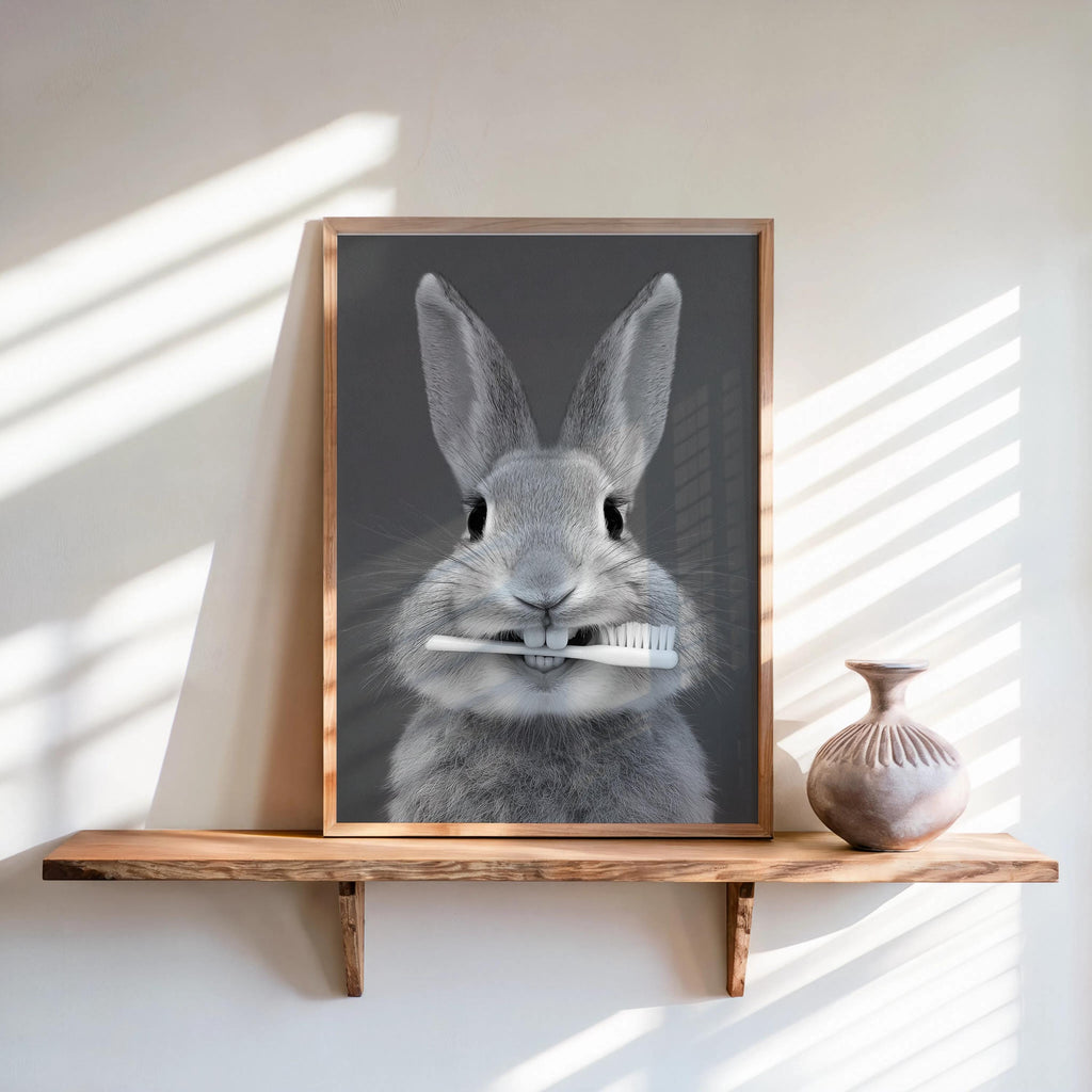 Funny Bunny Toothbrush Wall Art, Brush Your Teeth Kids Bathroom Print, Dental Hygienist Office decor, Quirky Rabbit Portrait, Dentist Poster