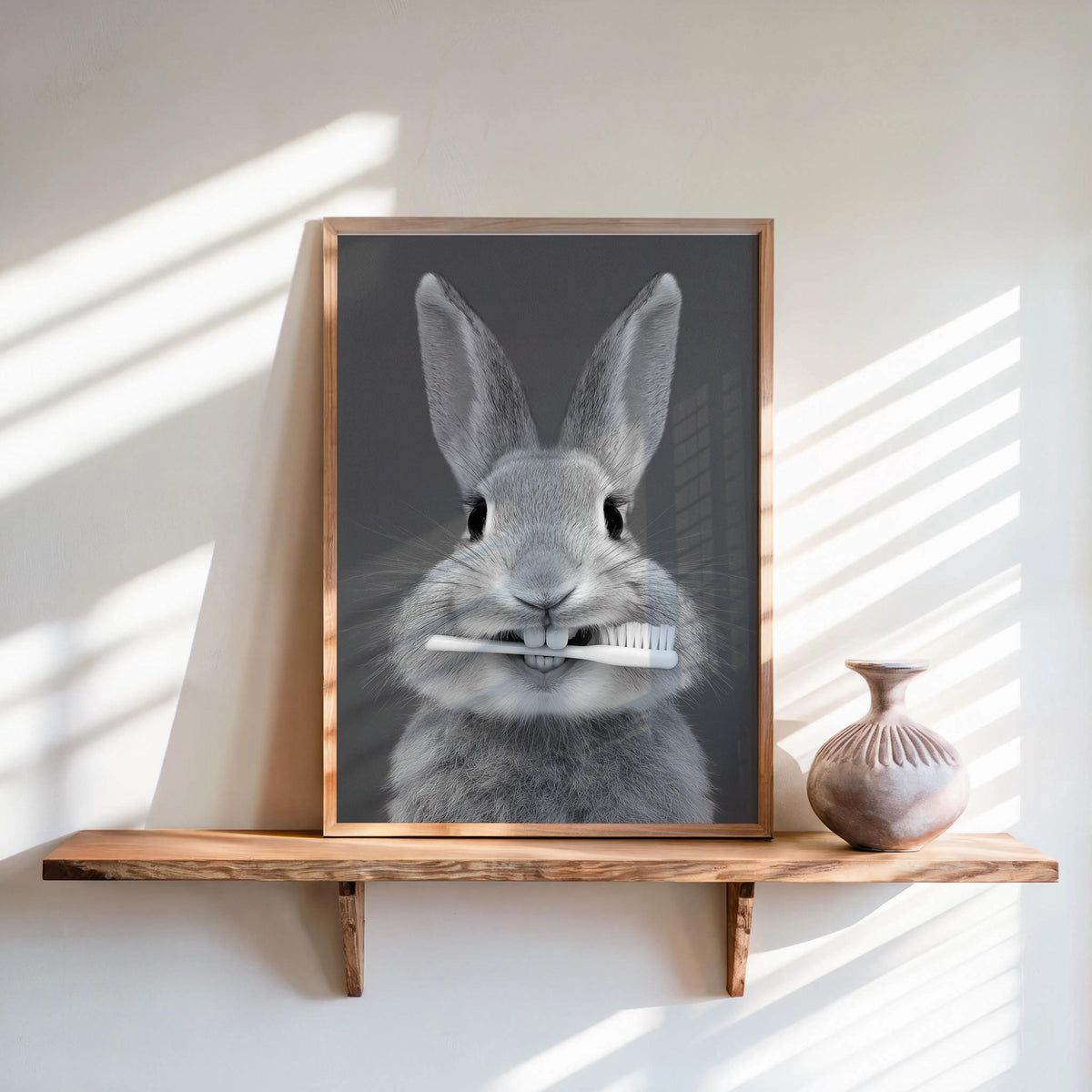 Funny Bunny Toothbrush Wall Art, Brush Your Teeth Kids Bathroom Print, Dental Hygienist Office decor, Quirky Rabbit Portrait, Dentist Poster