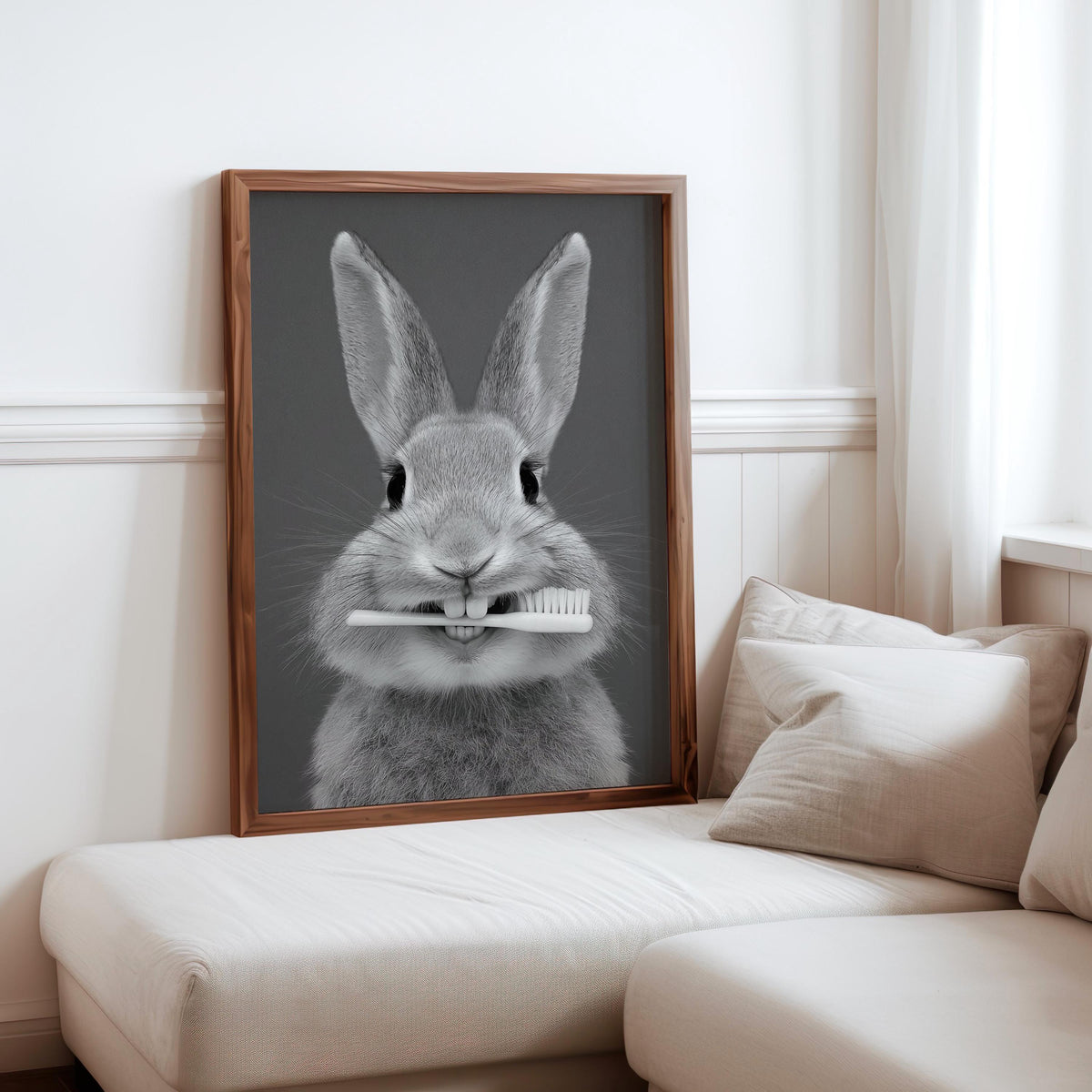 Funny Bunny Toothbrush Wall Art, Brush Your Teeth Kids Bathroom Print, Dental Hygienist Office decor, Quirky Rabbit Portrait, Dentist Poster