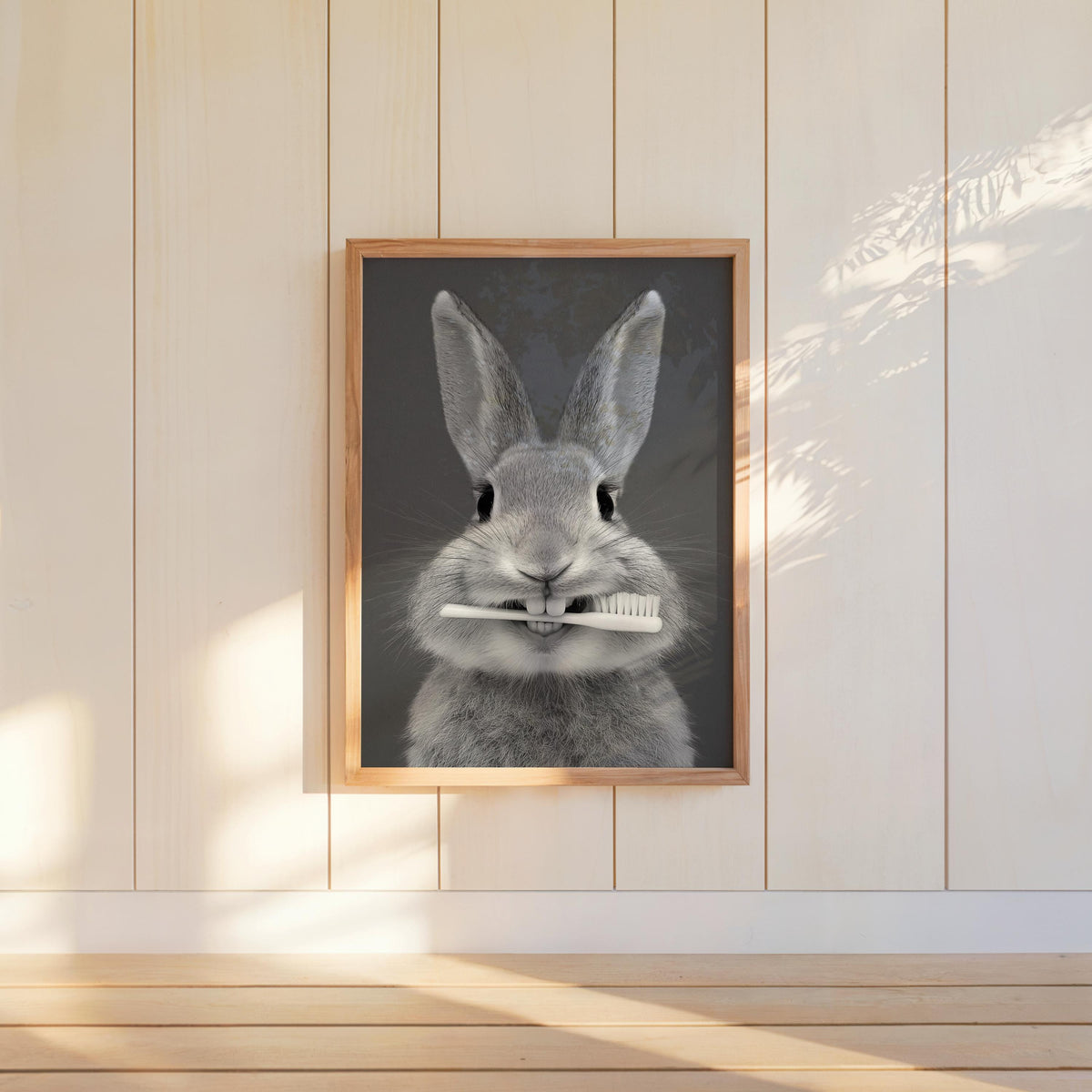 Funny Bunny Toothbrush Wall Art, Brush Your Teeth Kids Bathroom Print, Dental Hygienist Office decor, Quirky Rabbit Portrait, Dentist Poster