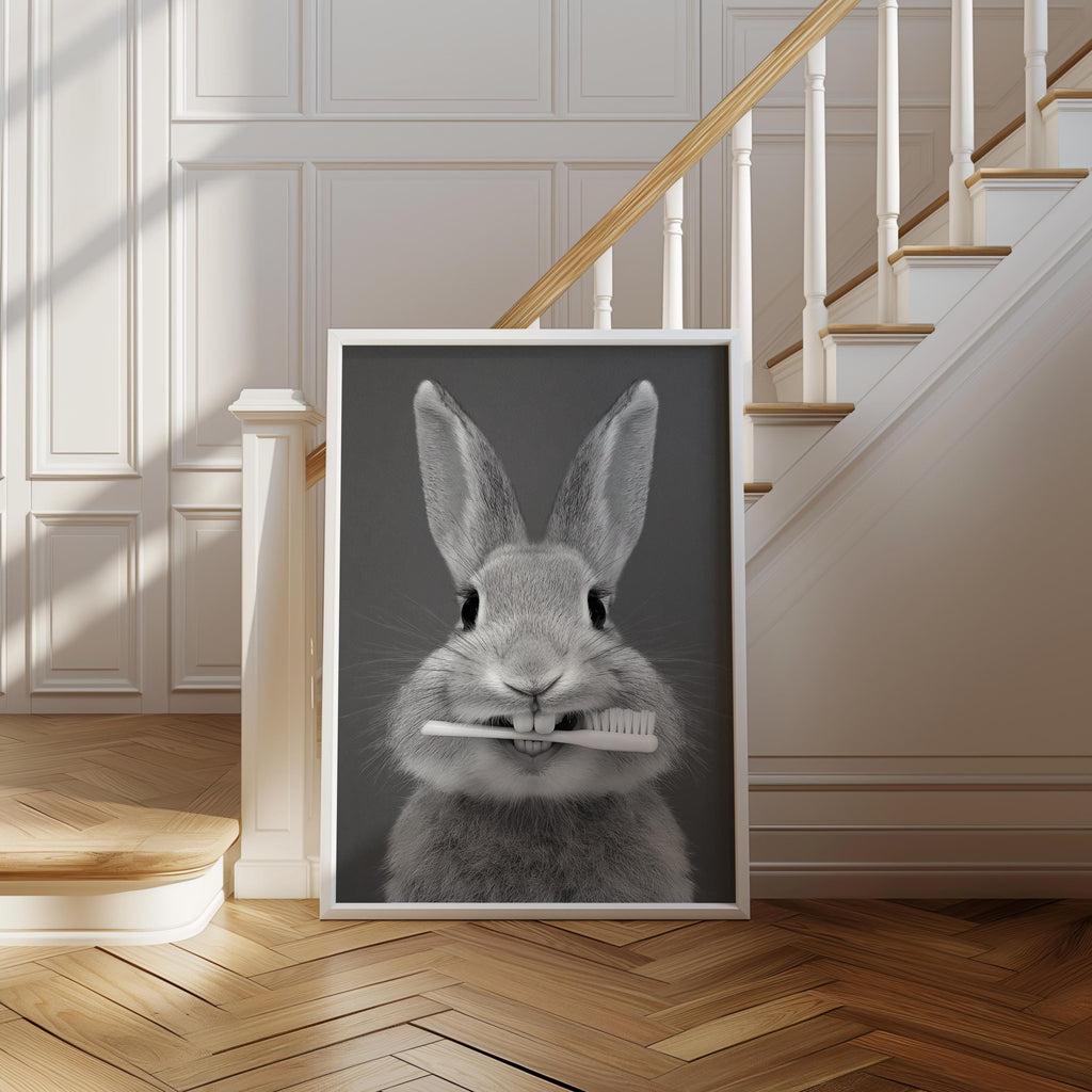 Funny Bunny Toothbrush Wall Art, Brush Your Teeth Kids Bathroom Print, Dental Hygienist Office decor, Quirky Rabbit Portrait, Dentist Poster