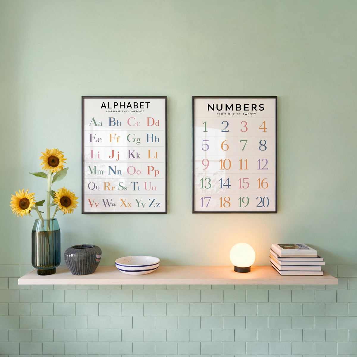 Alphabet & Number Chart, Rainbow Set of 2, Educational Wall Art, Homeschool ABC 123 Decor, Prescool Kids Room Print, Classroom Illustration