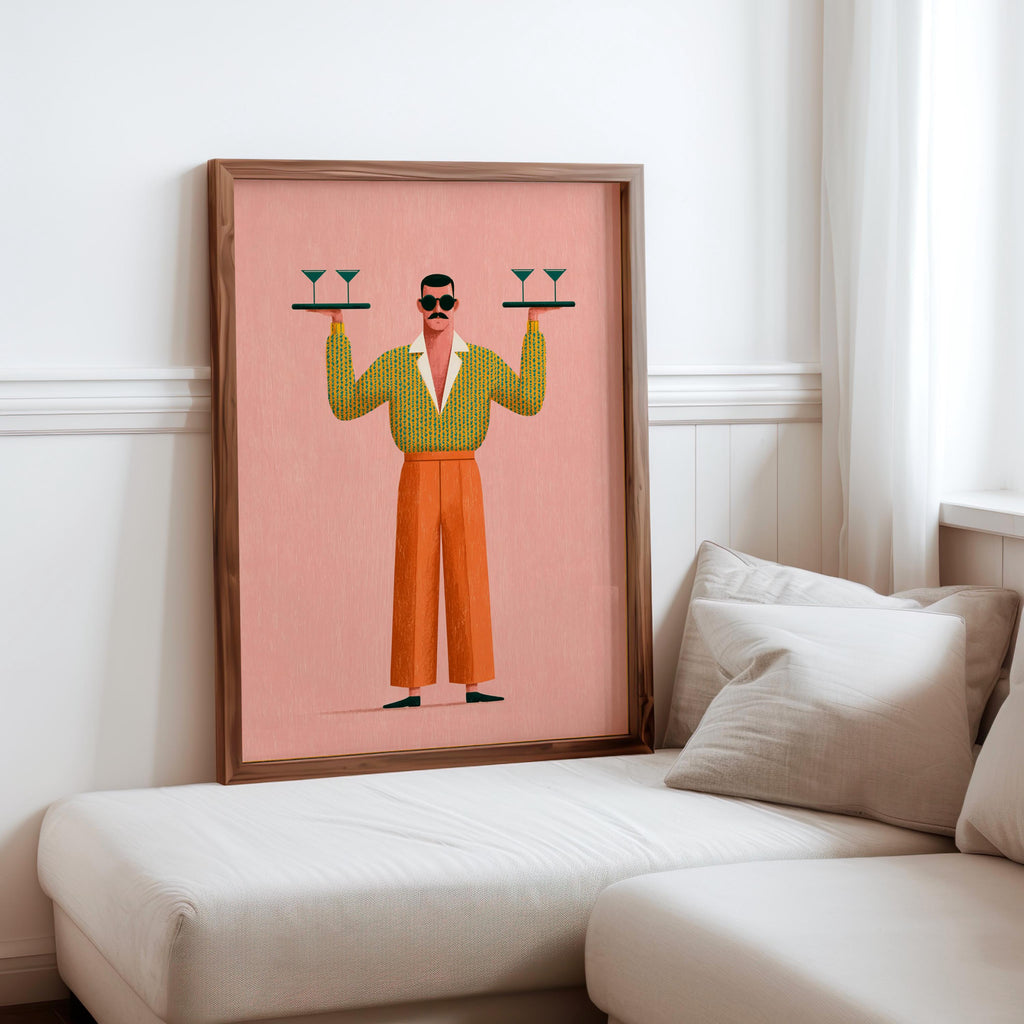 Retro Bar Martini Wall Art, Mid Century Modern Waiter Print, Funny Cocktail Cart Poster, Vintage Kitchen Decor, Quirky Man Cave Gift