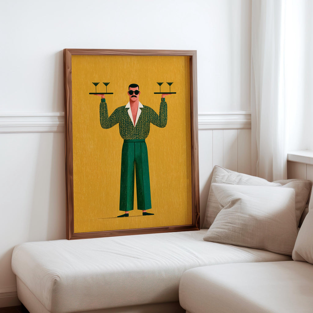 Retro Bar Martini Wall Art, Mid Century Modern Waiter Print, Funny Cocktail Cart Poster, Vintage Kitchen Decor, Quirky Man Cave Gift