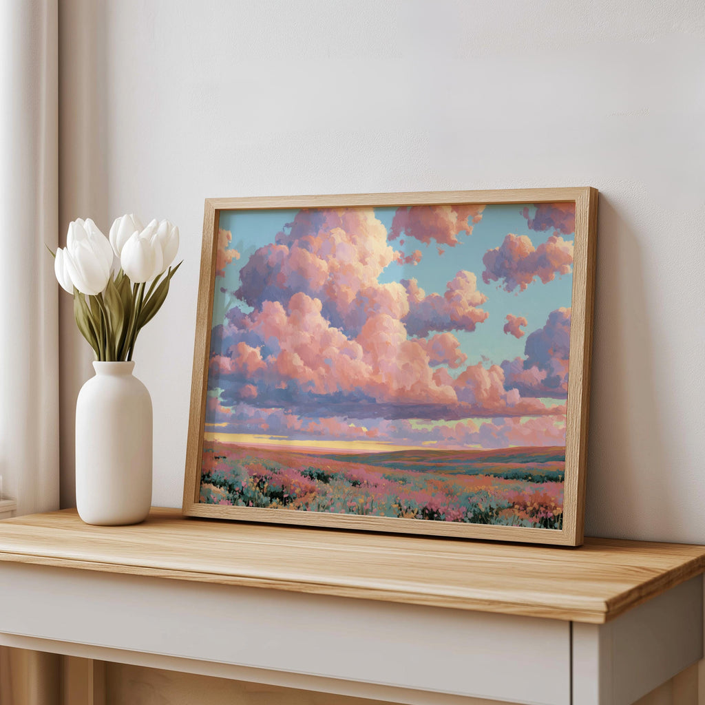 Dreamy Pastel Landscape Painting, Fluffy Pink Clouds & Flowers Wall Art, Impressionist Wildflower Meadow Poster, Whimsical Floral Decor