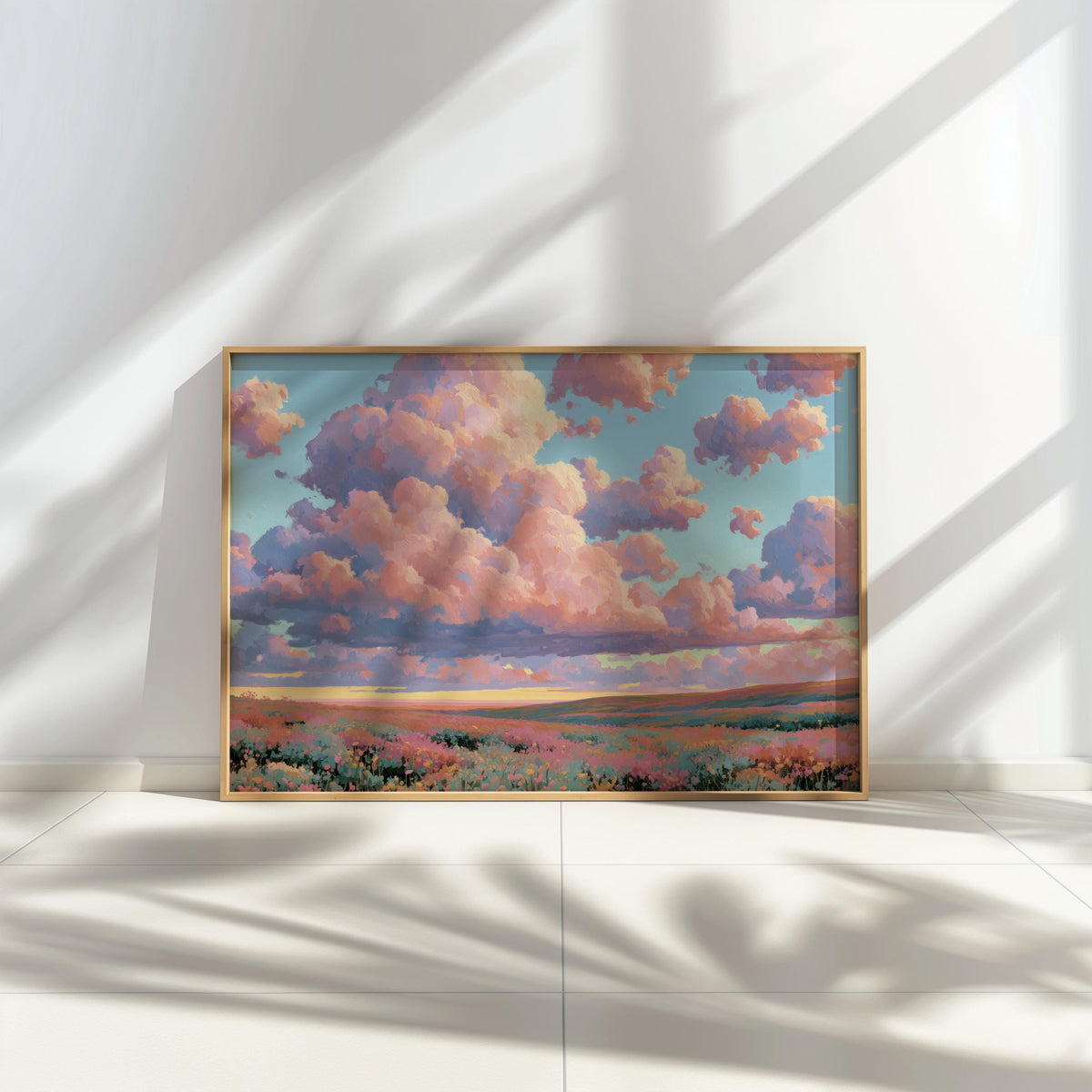 Dreamy Pastel Landscape Painting, Fluffy Pink Clouds & Flowers Wall Art, Impressionist Wildflower Meadow Poster, Whimsical Floral Decor