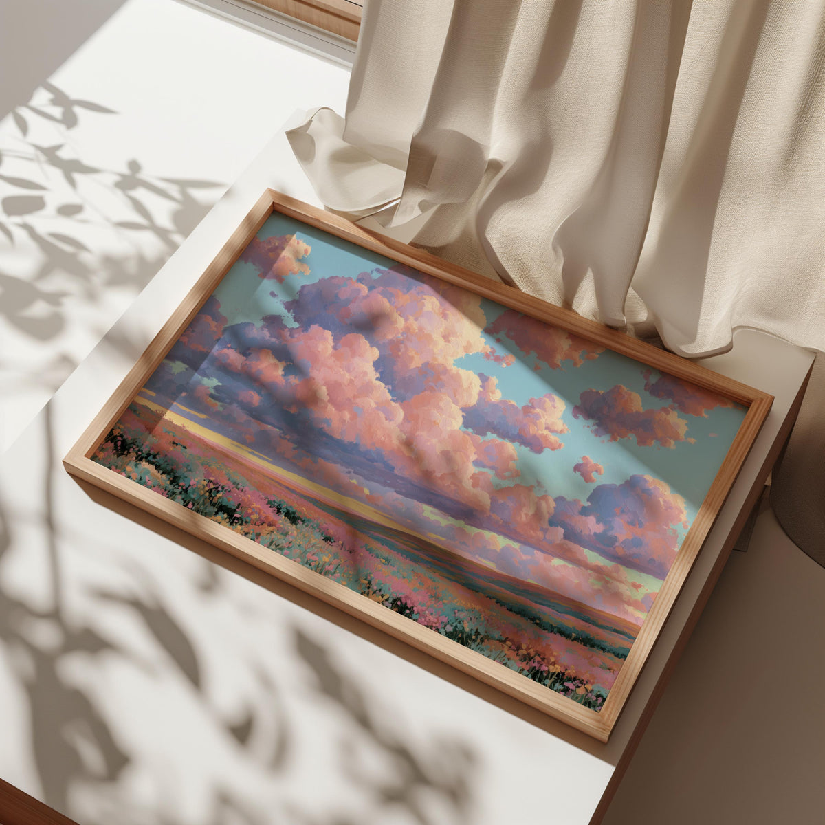 Dreamy Pastel Landscape Painting, Fluffy Pink Clouds & Flowers Wall Art, Impressionist Wildflower Meadow Poster, Whimsical Floral Decor