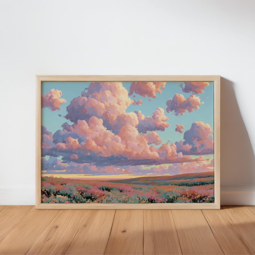 Dreamy Pastel Landscape Painting, Fluffy Pink Clouds & Flowers Wall Art, Impressionist Wildflower Meadow Poster, Whimsical Floral Decor