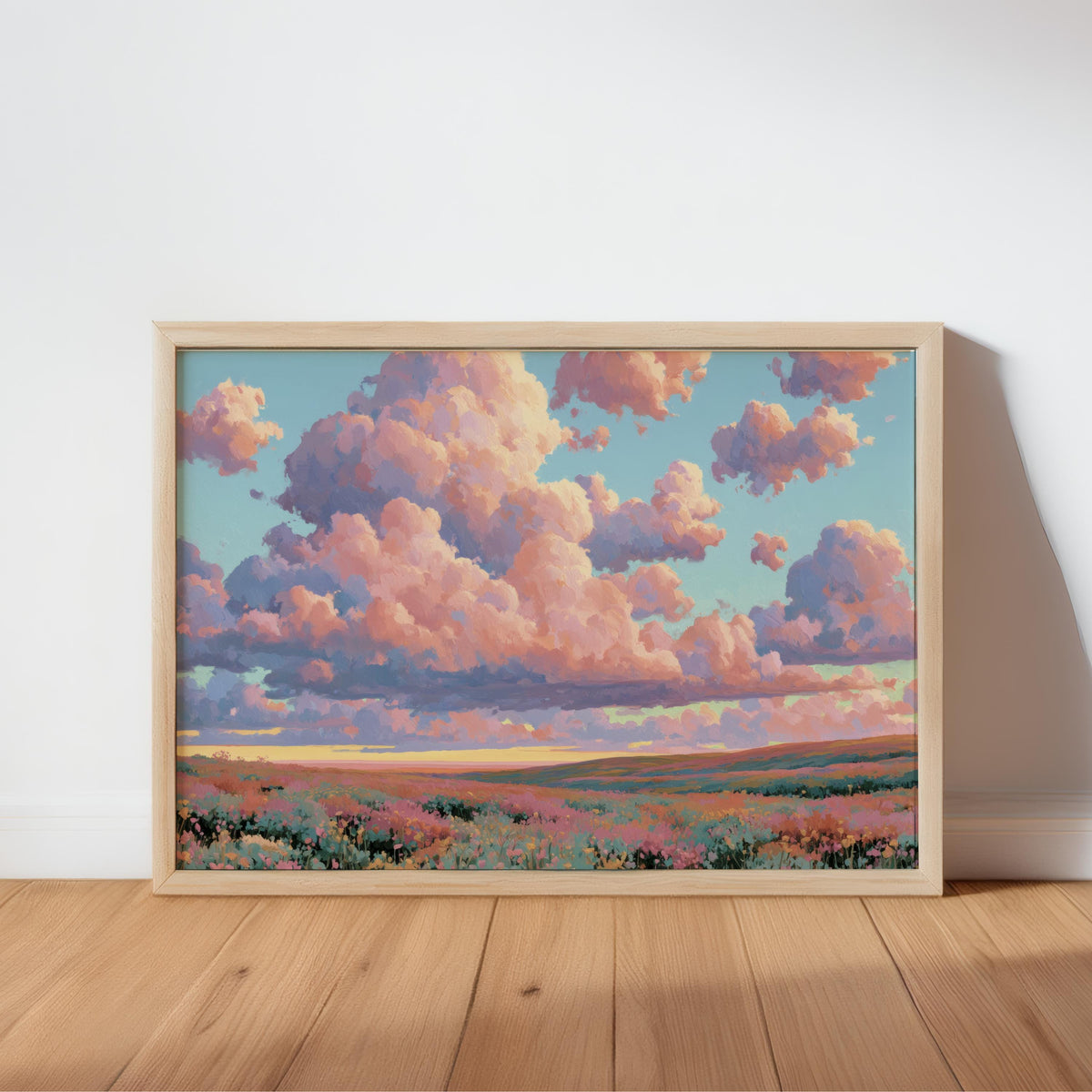 Dreamy Pastel Landscape Painting, Fluffy Pink Clouds & Flowers Wall Art, Impressionist Wildflower Meadow Poster, Whimsical Floral Decor