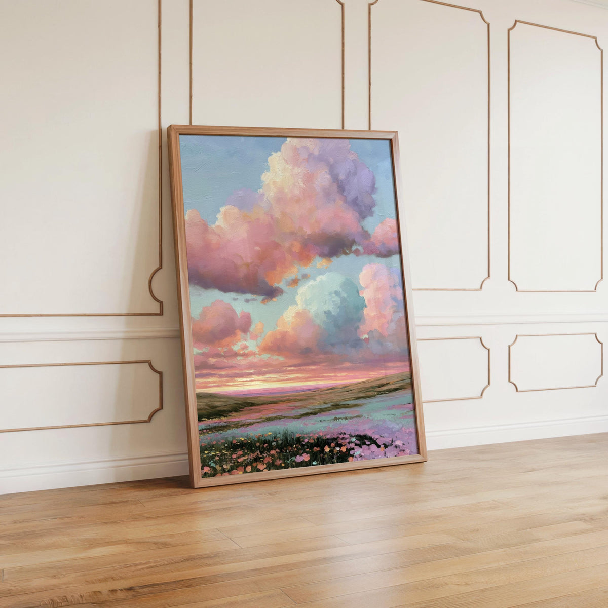 Dreamy Pastel Sky & Wildflower Meadow Wall Art, Romantic Floral Cottagecore Print, Impressionist Flower Landscape, Pink Purple Sky Painting