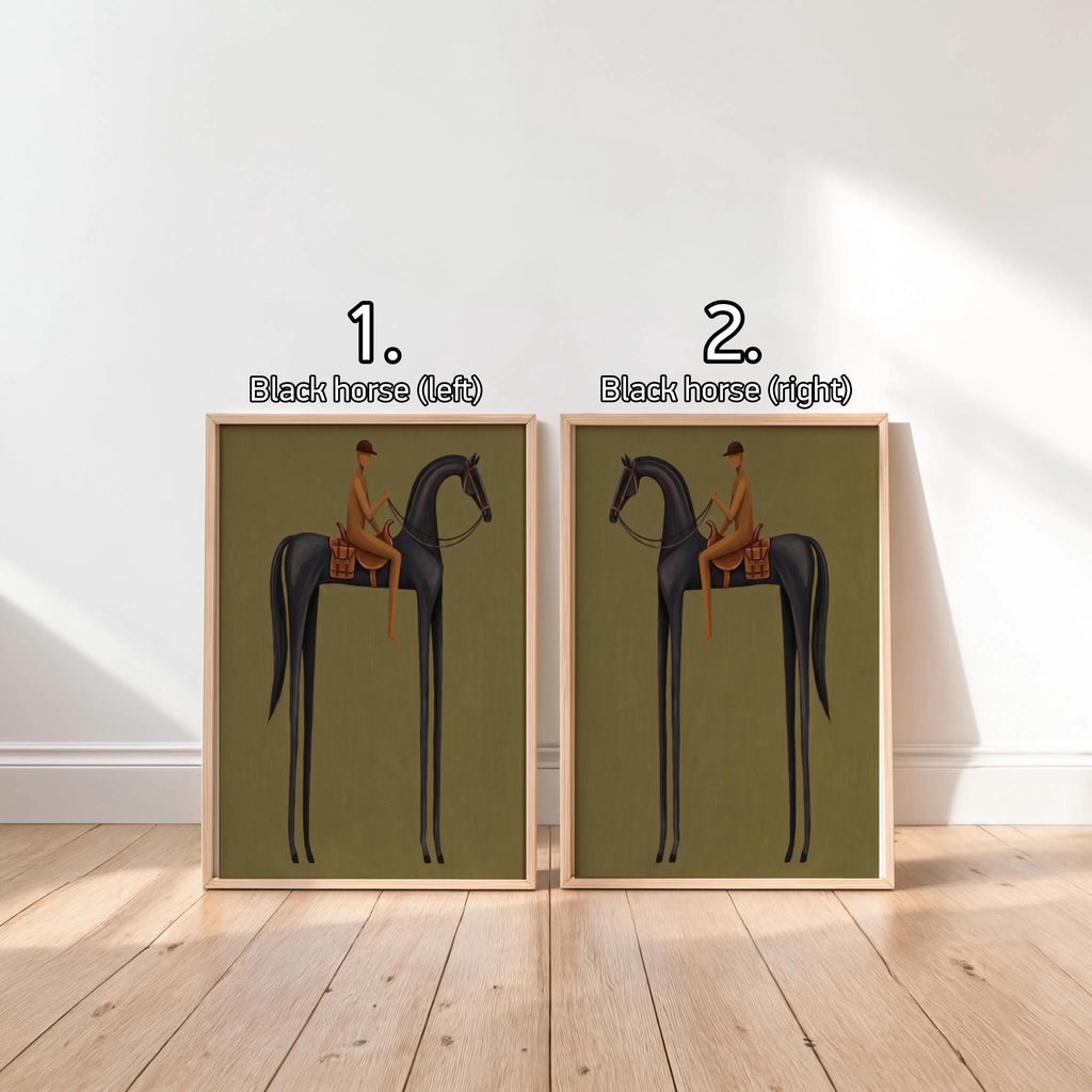 Equestrian Prints Set, Mid Century Modern Horse Wall Art, Vintage Jockey Painting, Neutral Surreal Diptych, Minimalist Western Rider Canvas