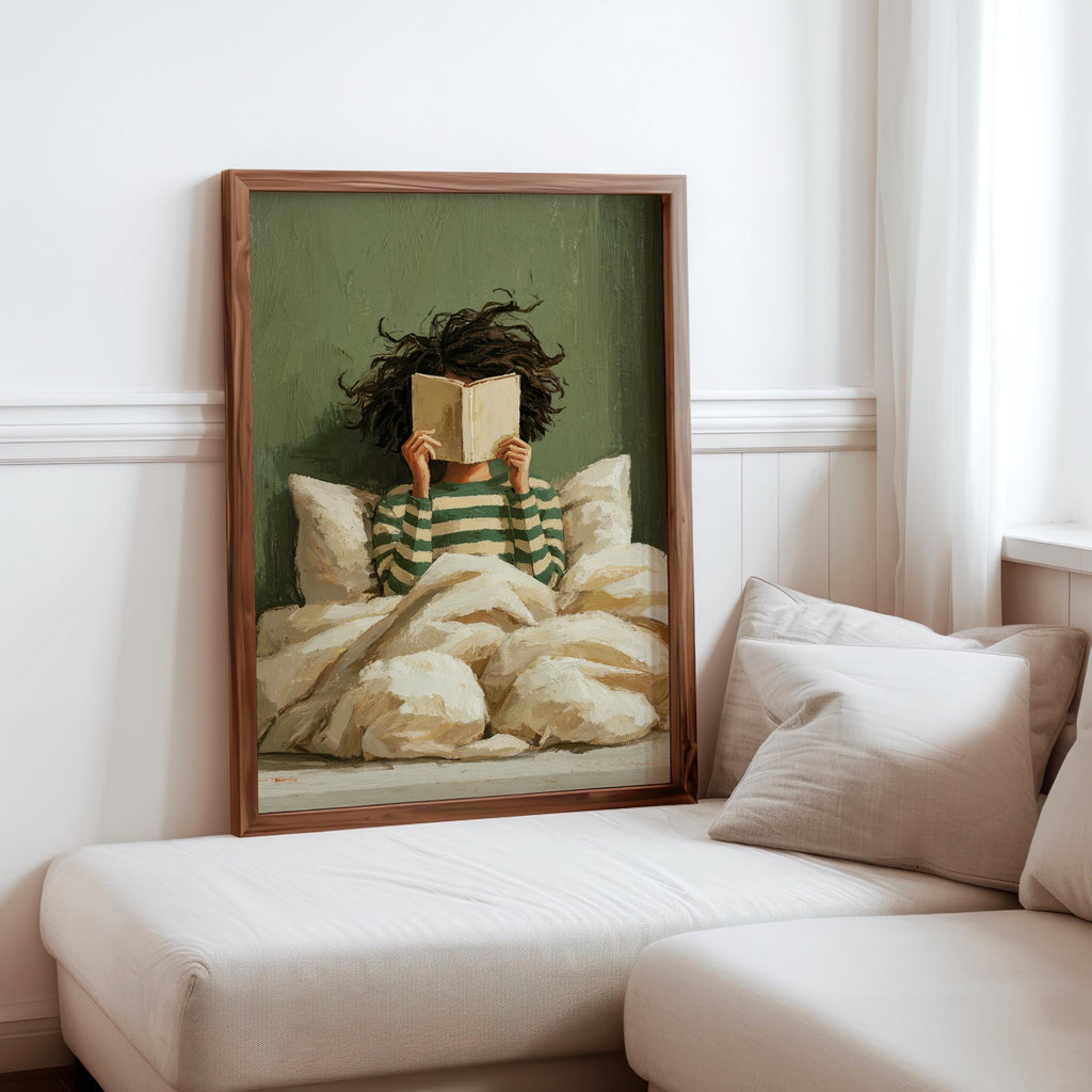 Girl Reading Book Print, Bookish Library Decor, Bold Striped Woman Wall Art, Bookworm Bedroom Illustration, Book Lover Naive Folk Art