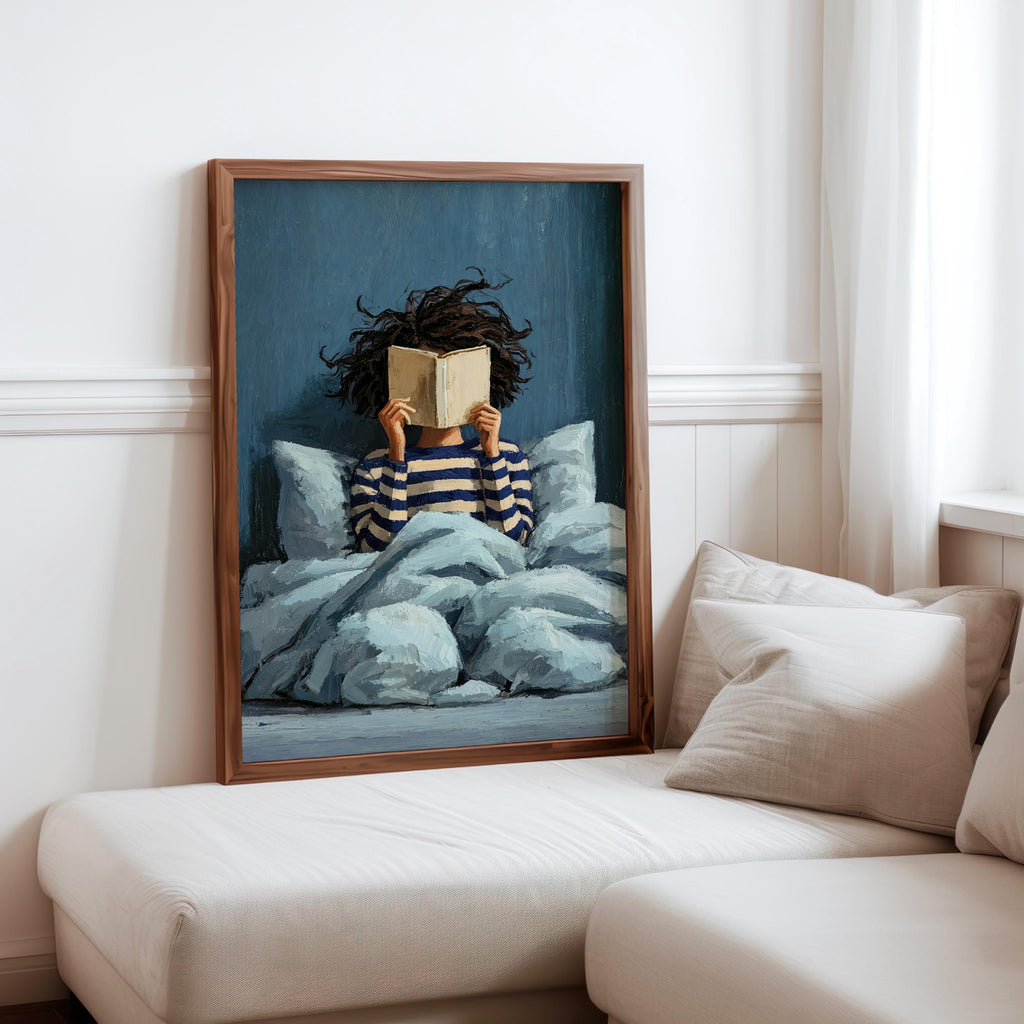 Girl Reading Book Print, Bookish Library Decor, Bold Striped Woman Wall Art, Bookworm Bedroom Illustration, Book Lover Naive Folk Art