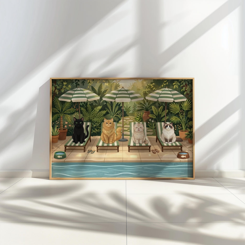 Cat Pool Party Wall Art, Whimsical Summer Cats Print, Cute Kitten Lounge Decor, Playful Garden Poolside Illustration, Cozy Animal Vacation