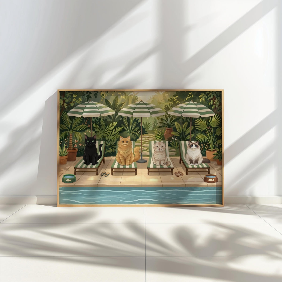 Cat Pool Party Wall Art, Whimsical Summer Cats Print, Cute Kitten Lounge Decor, Playful Garden Poolside Illustration, Cozy Animal Vacation