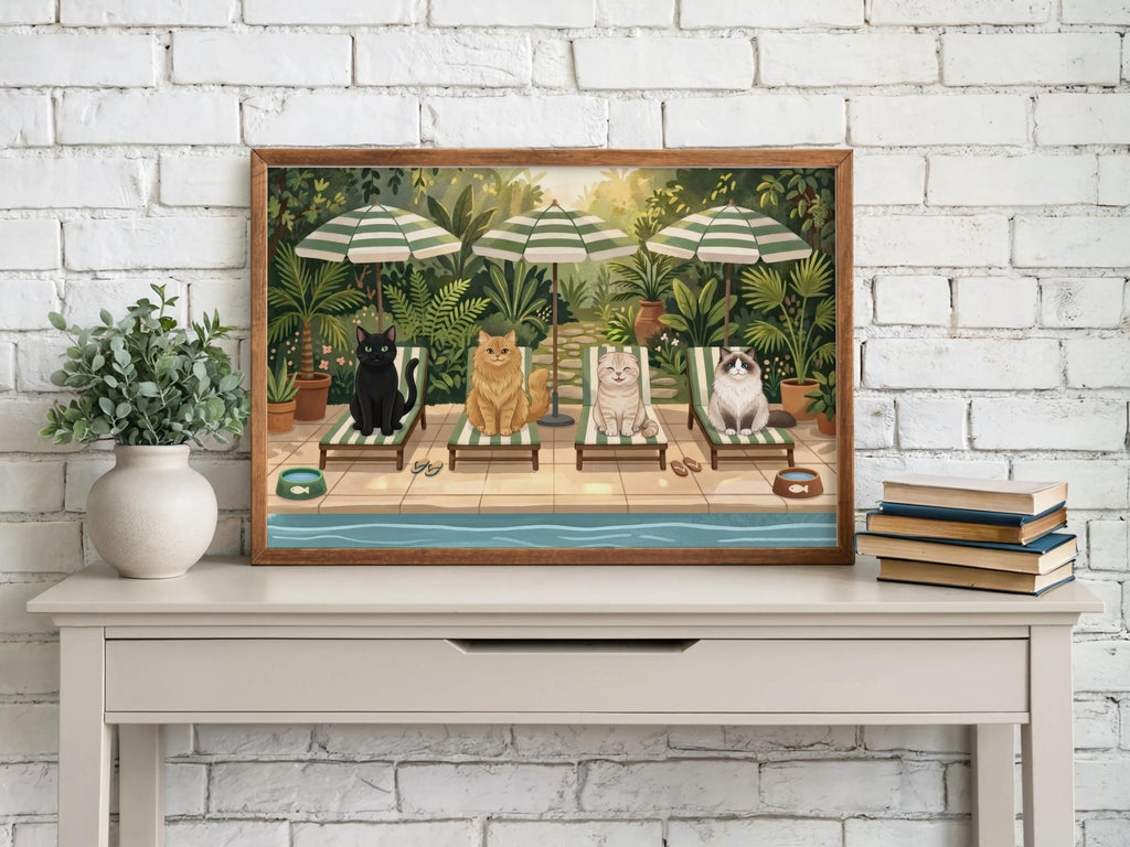 Cat Pool Party Wall Art, Whimsical Summer Cats Print, Cute Kitten Lounge Decor, Playful Garden Poolside Illustration, Cozy Animal Vacation