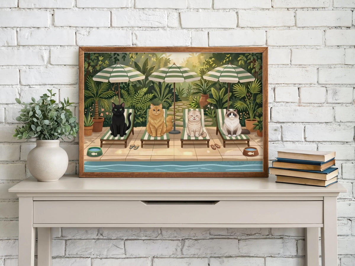 Cat Pool Party Wall Art, Whimsical Summer Cats Print, Cute Kitten Lounge Decor, Playful Garden Poolside Illustration, Cozy Animal Vacation