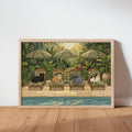 Whimsical Cats Pool Art Print, Tropical Summer Garden Illustration, Retro Animal Decor