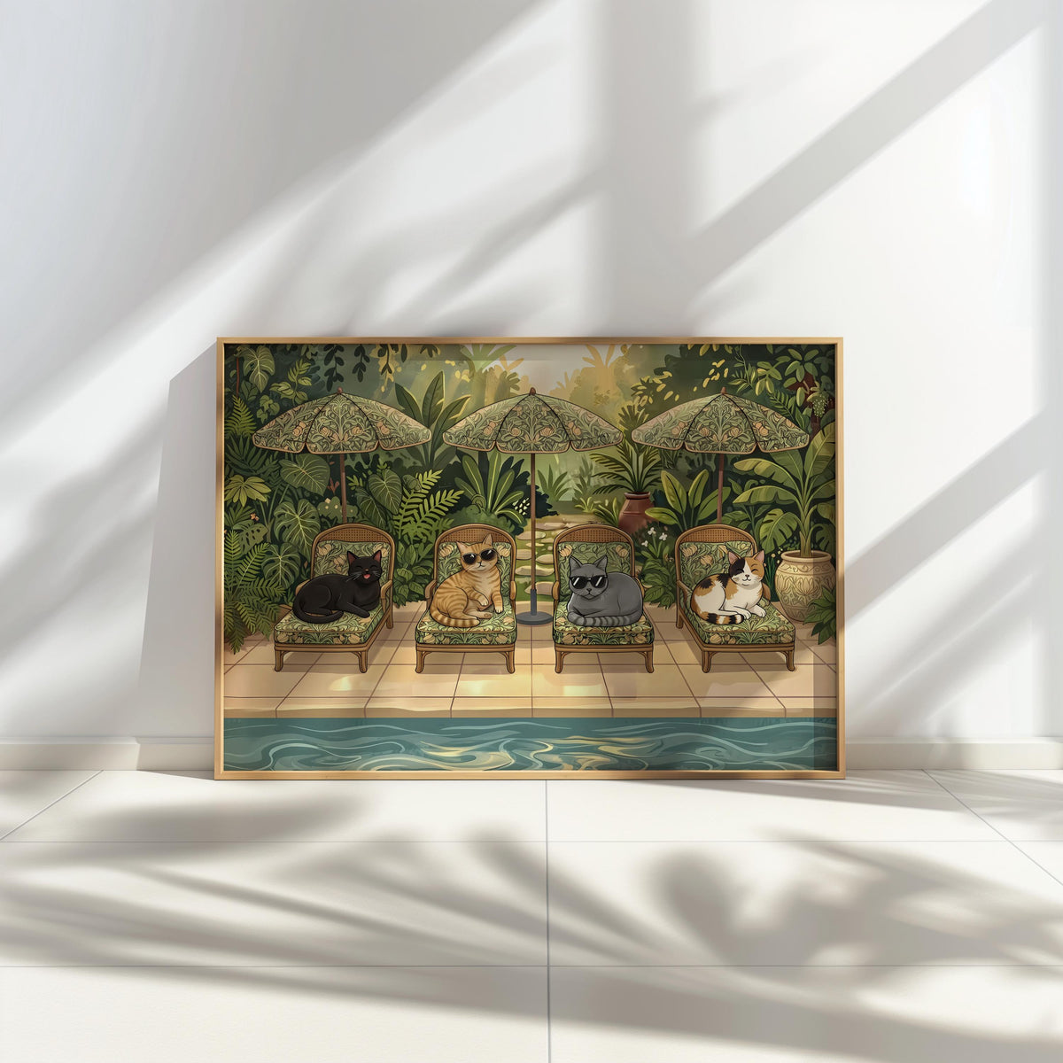 Whimsical Cats Pool Art Print, Tropical Summer Garden Illustration, Retro Animal Decor