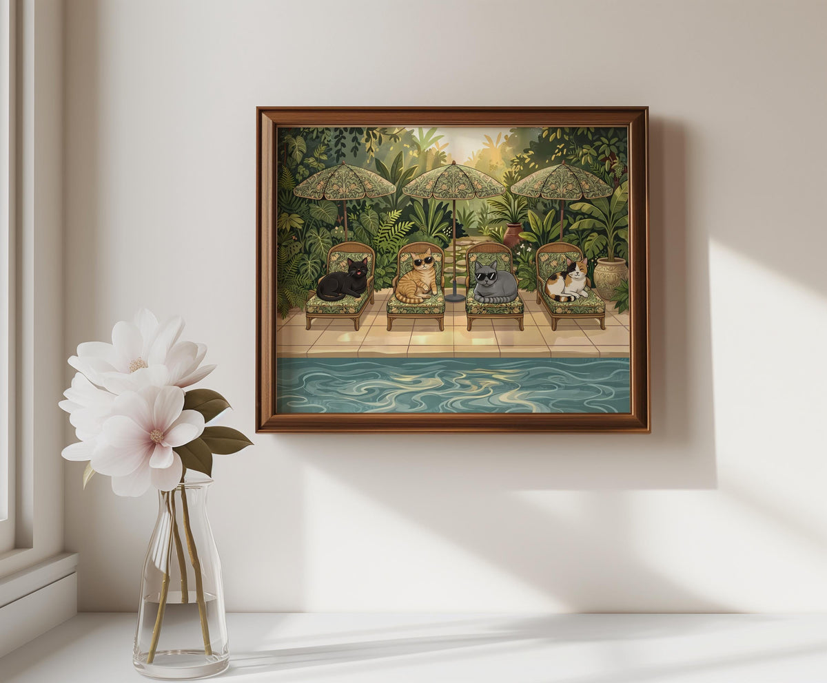Whimsical Cats Pool Art Print, Tropical Summer Garden Illustration, Retro Animal Decor