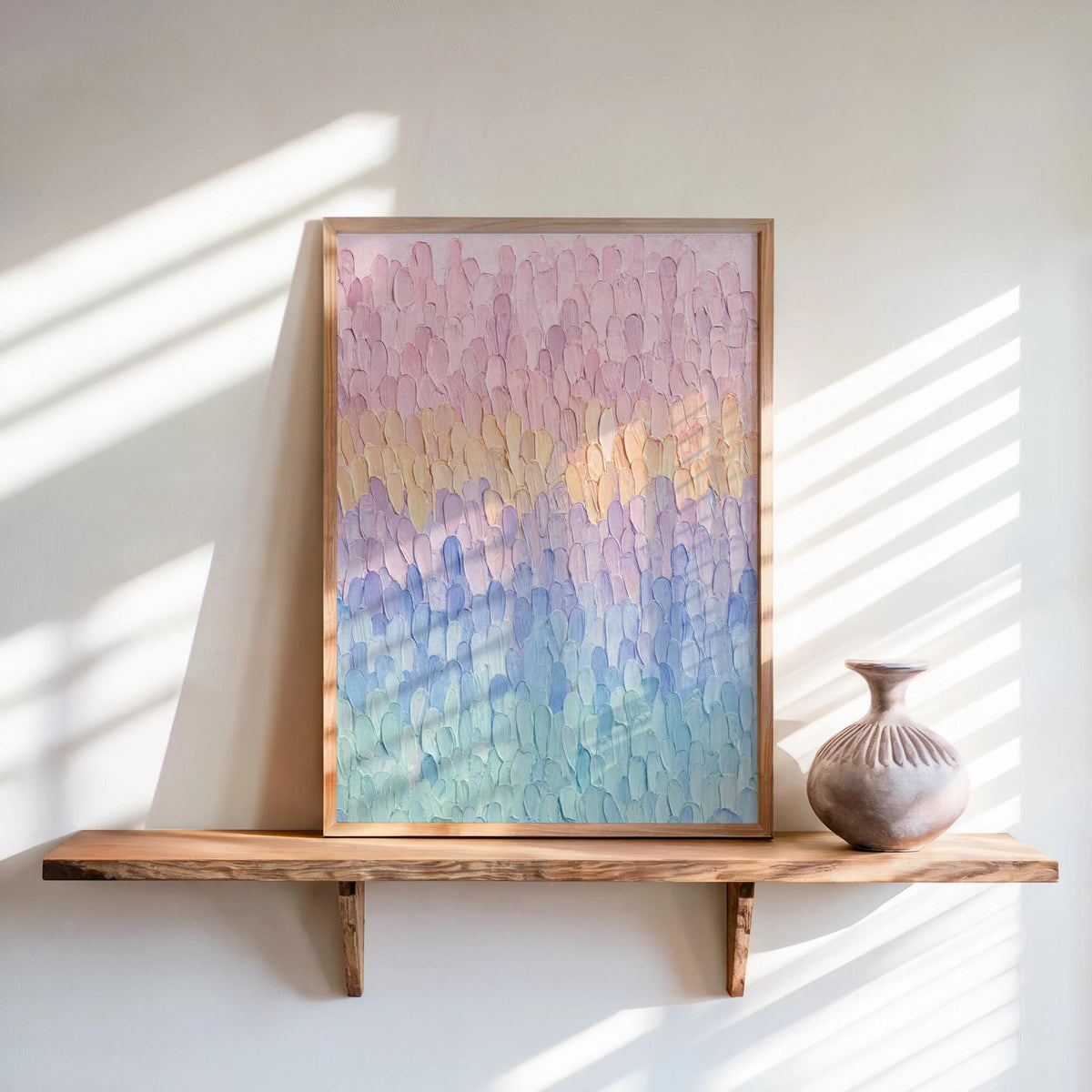 Pastel Impasto Abstract Waves, Long Stroke Textured Art, Soft Rainbow Gradient Print, Modern Minimalist Wall Decor, Line Grade Painting