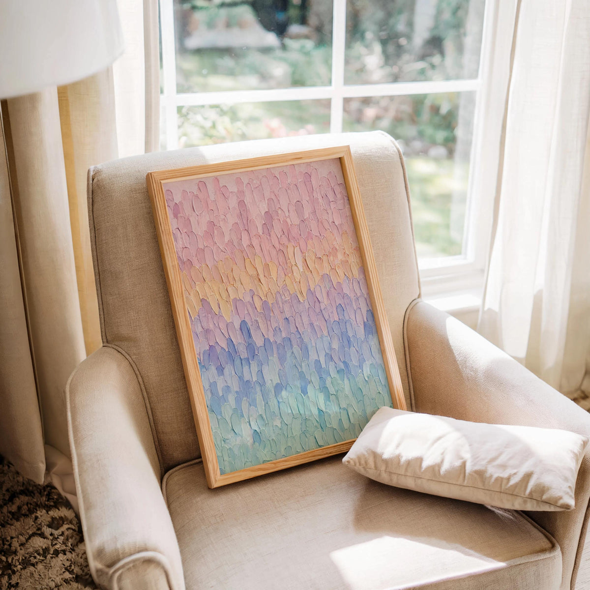 Pastel Impasto Abstract Waves, Long Stroke Textured Art, Soft Rainbow Gradient Print, Modern Minimalist Wall Decor, Line Grade Painting