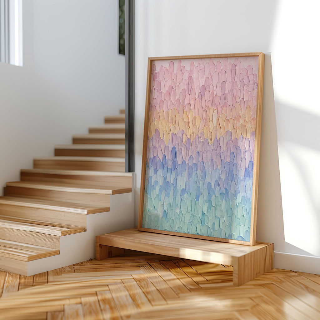 Pastel Impasto Abstract Waves, Long Stroke Textured Art, Soft Rainbow Gradient Print, Modern Minimalist Wall Decor, Line Grade Painting