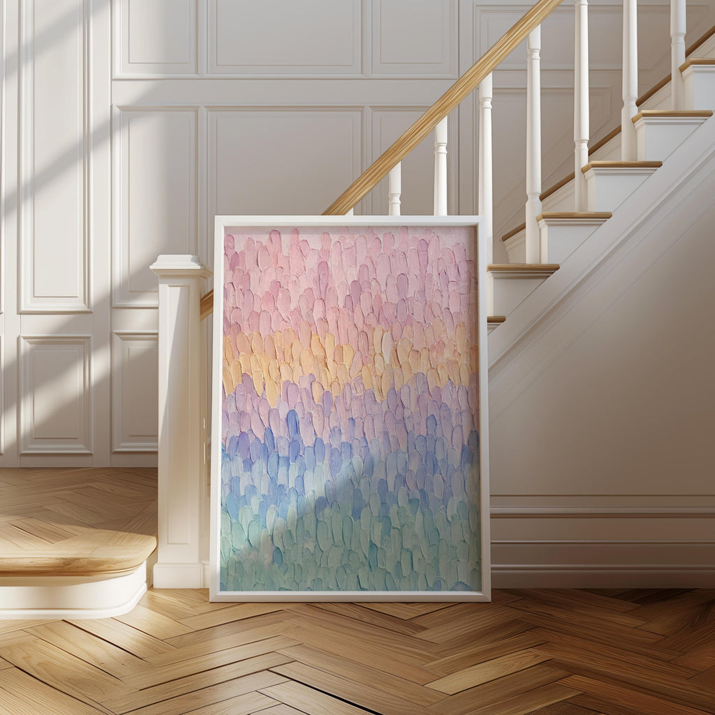 Pastel Impasto Abstract Waves, Long Stroke Textured Art, Soft Rainbow Gradient Print, Modern Minimalist Wall Decor, Line Grade Painting