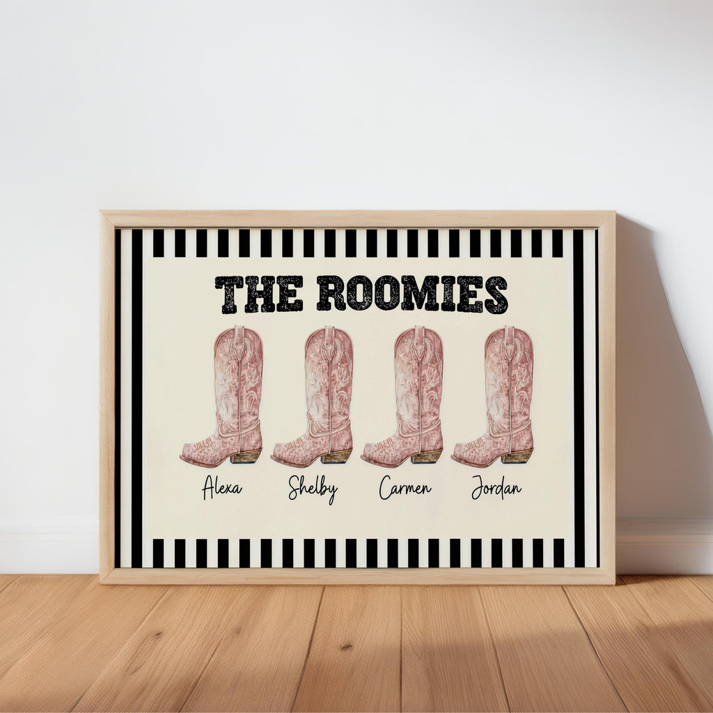Custom Roommate Cowgirl Boot Wall Art, Personalized Western Nursery College Dorm Decor, Best Friend Cowboy Roomie Print, Girly Family Poster