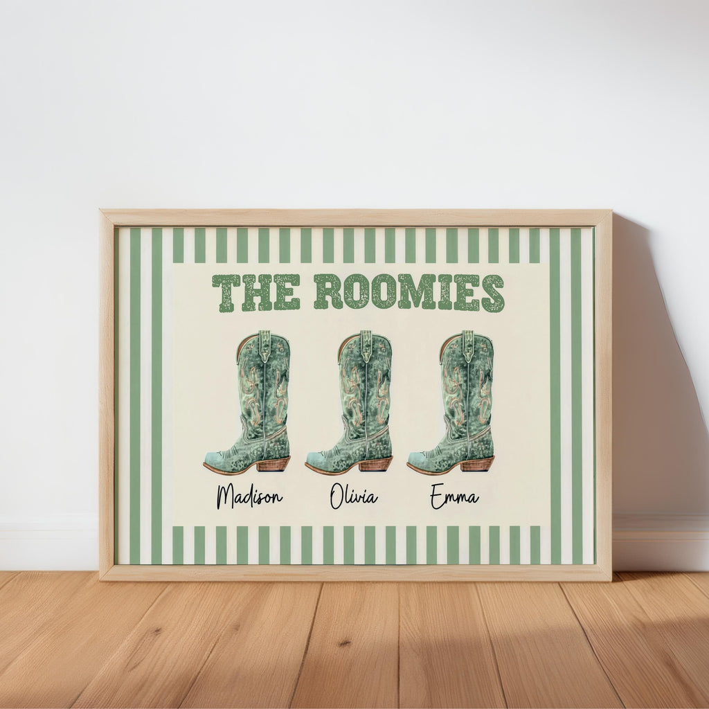 Custom Roommate Cowgirl Boot Wall Art, Personalized Western Nursery College Dorm Decor, Best Friend Cowboy Roomie Print, Girly Family Poster