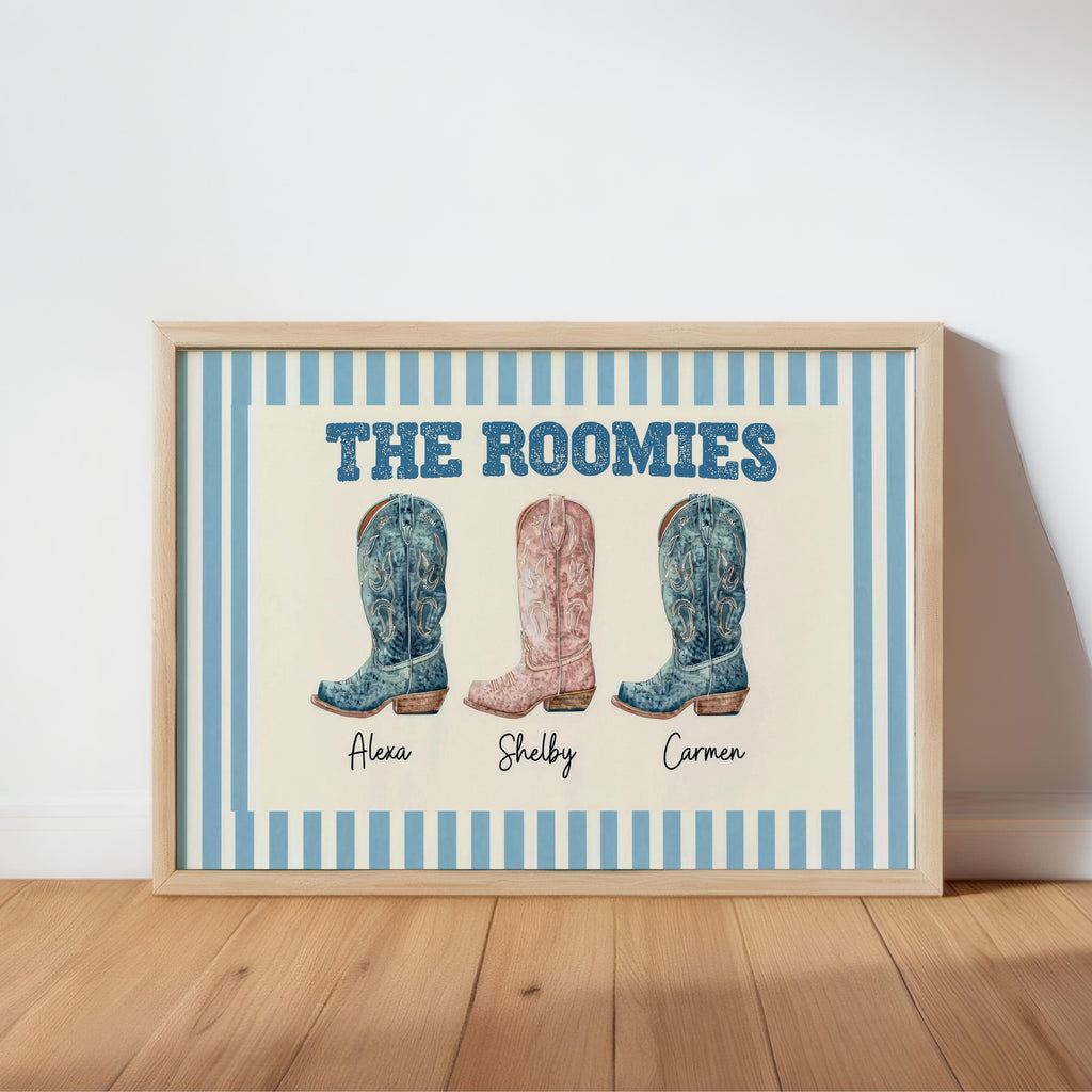 Custom Roommate Cowgirl Boot Wall Art, Personalized Western Nursery College Dorm Decor, Best Friend Cowboy Roomie Print, Girly Family Poster