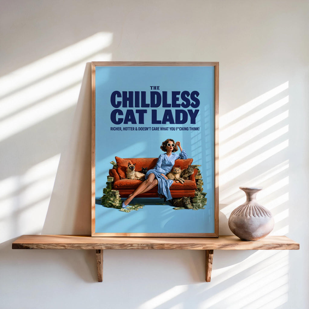 Childless Cat Lady Print, Funny Feminist Wall Art, Retro Pop Art Sarcastic Meme Poster, Independent Woman, Sassy Cat Lover Typography Decor