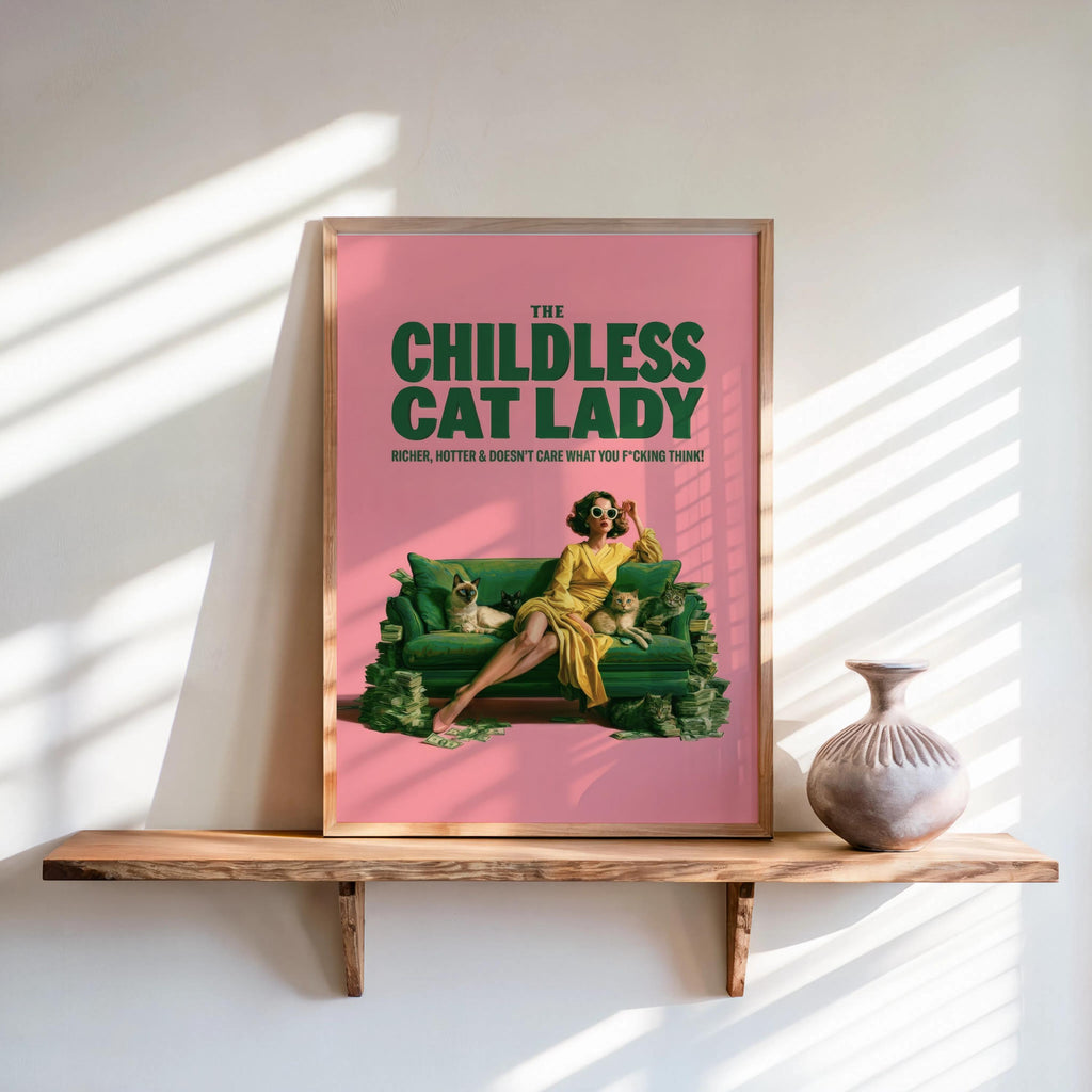 Childless Cat Lady Print, Funny Feminist Wall Art, Retro Pop Art Sarcastic Meme Poster, Independent Woman, Sassy Cat Lover Typography Decor