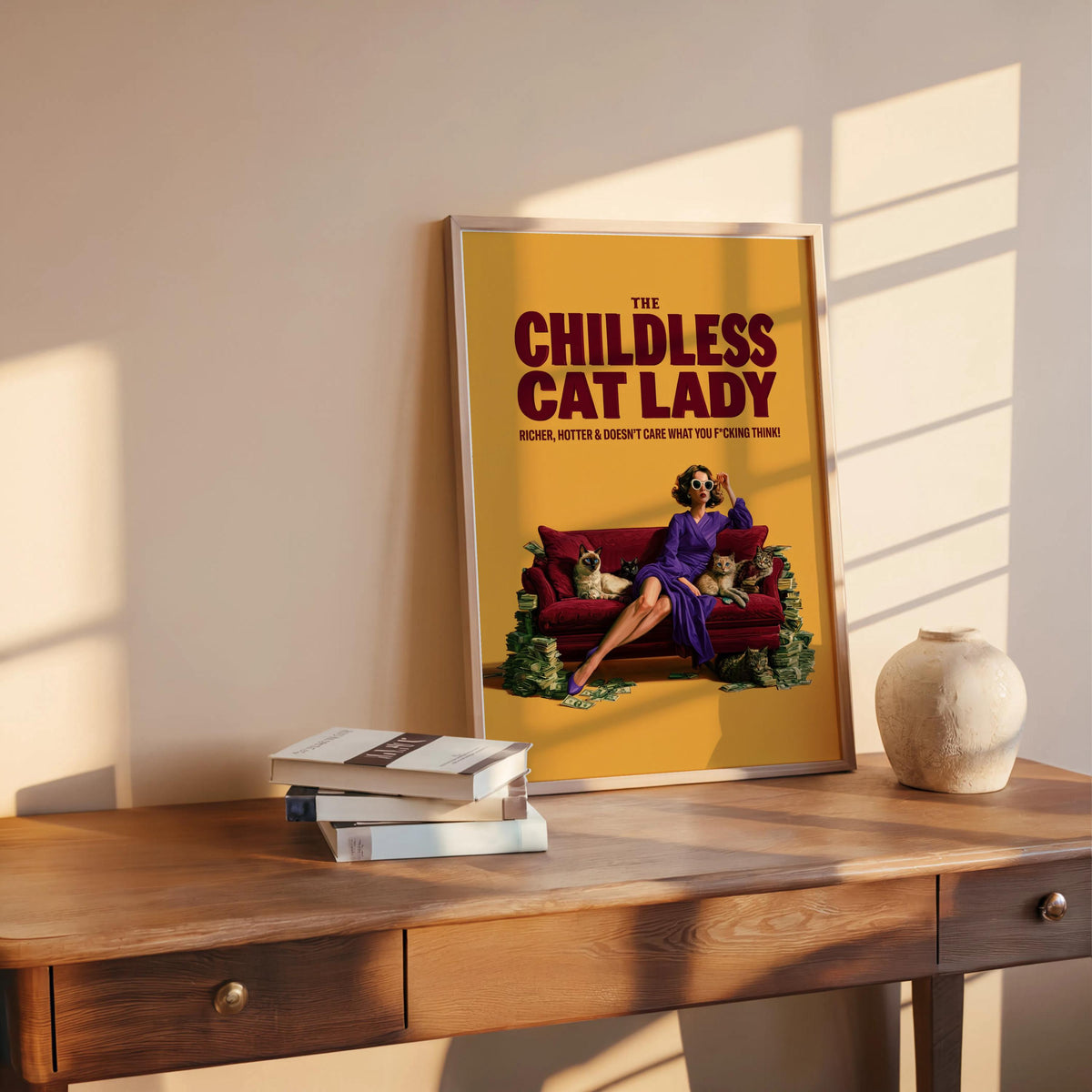 Childless Cat Lady Print, Funny Feminist Wall Art, Retro Pop Art Sarcastic Meme Poster, Independent Woman, Sassy Cat Lover Typography Decor