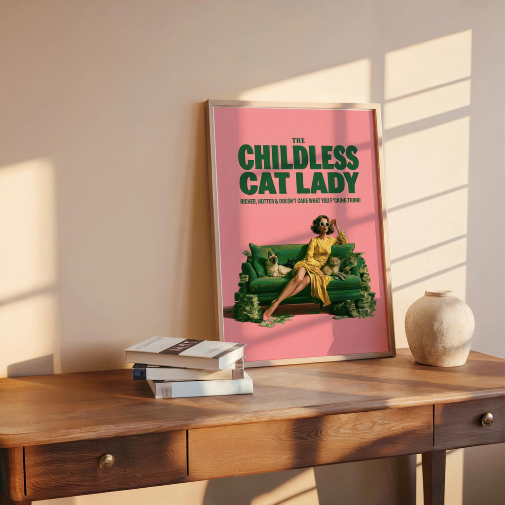 Childless Cat Lady Print, Funny Feminist Wall Art, Retro Pop Art Sarcastic Meme Poster, Independent Woman, Sassy Cat Lover Typography Decor