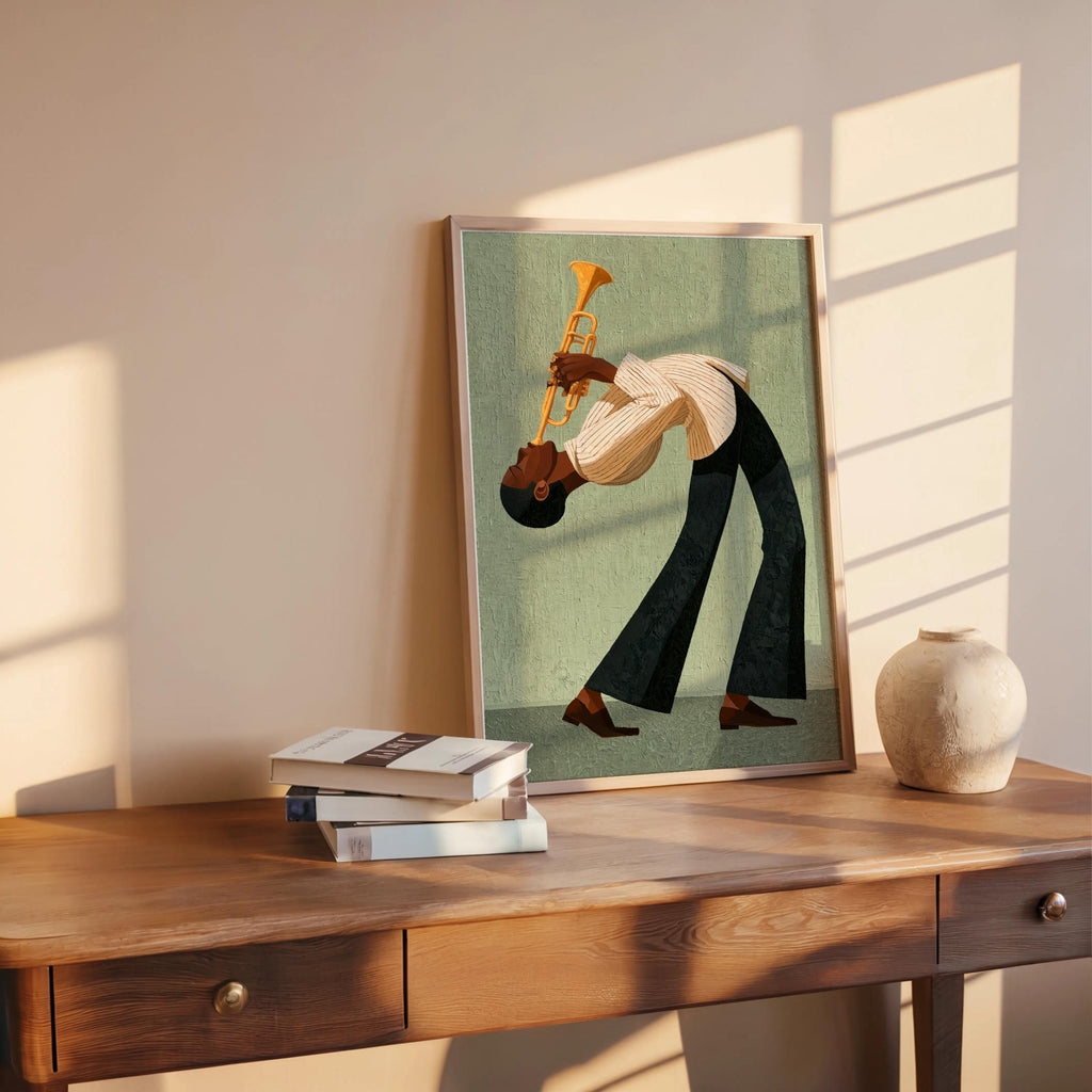 Jazz Trumpet Player Print, Retro African American Musician Wall Art, Afrocentric Mid Century Modern Decor, Moody Black Culture Painting