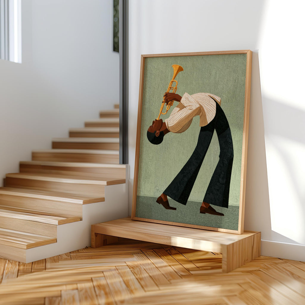 Jazz Trumpet Player Print, Retro African American Musician Wall Art, Afrocentric Mid Century Modern Decor, Moody Black Culture Painting