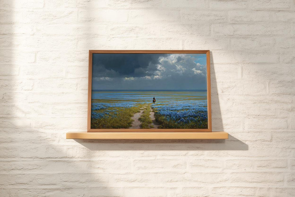 Bluebonnets Prairie & Lone Cowboy, Western Landscape Painting, Moody Stormy Sky Art, Texas Hill Country Print, Wildflower Field Poster