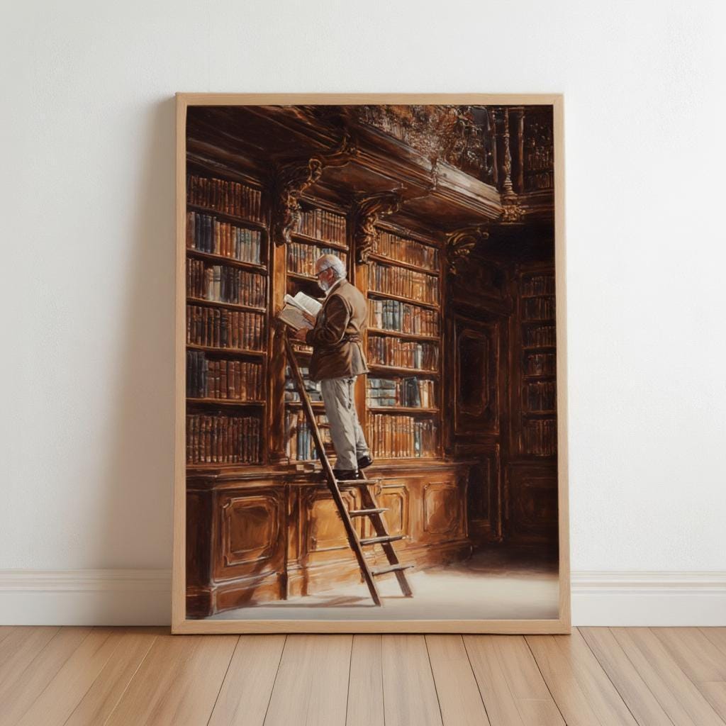 Library Oil Painting, Moody Dark Academia Wall Art, Book Lover Gift, Vintage Study Print, Librarian Home Office Decor, Bibliophile Poster