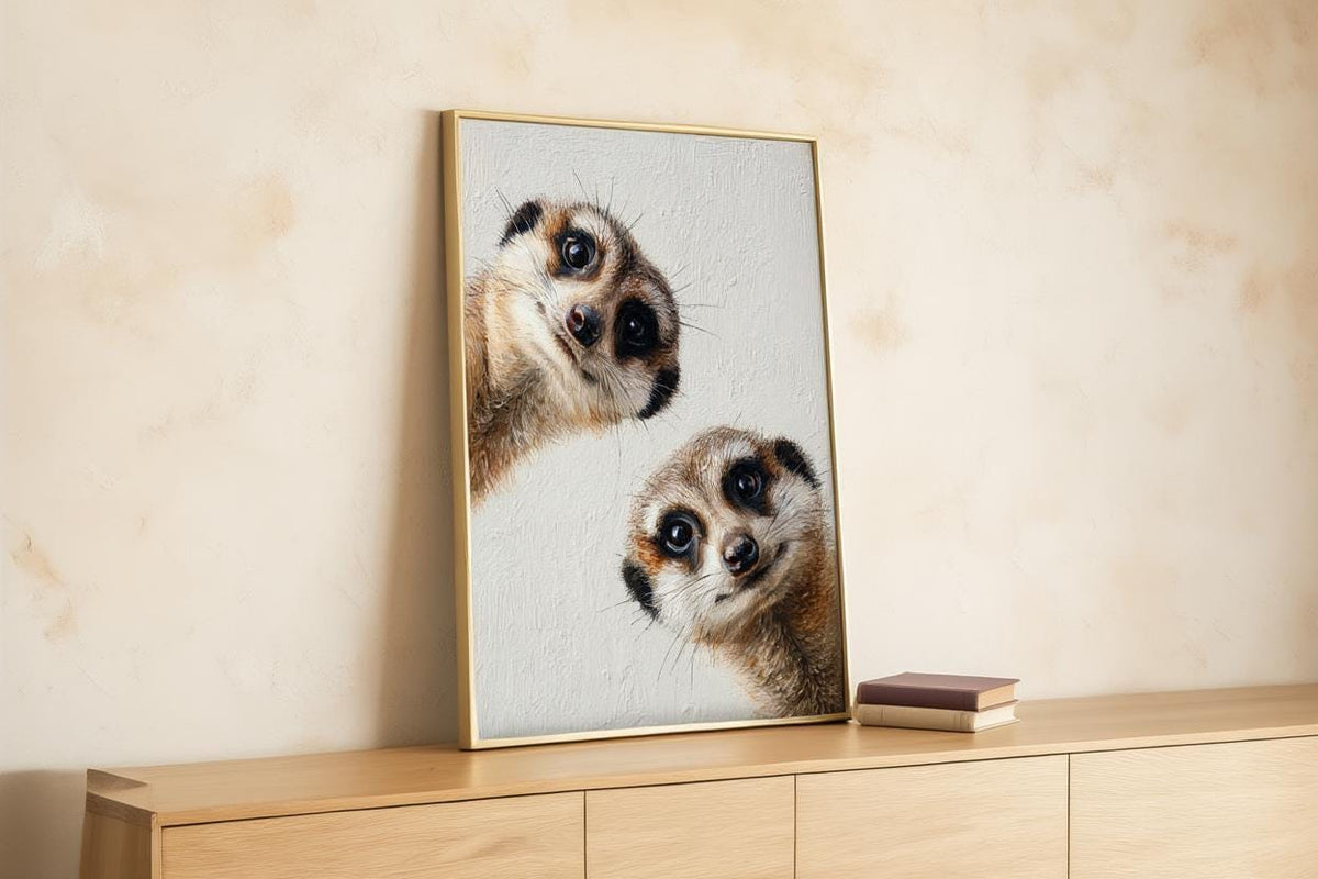 Meerkats Painting, Whimsical Curious Animal Print, Modern Safari Nursery Decor, Playful Wildlife Fine Art, Cute Funny African Pet Portrait