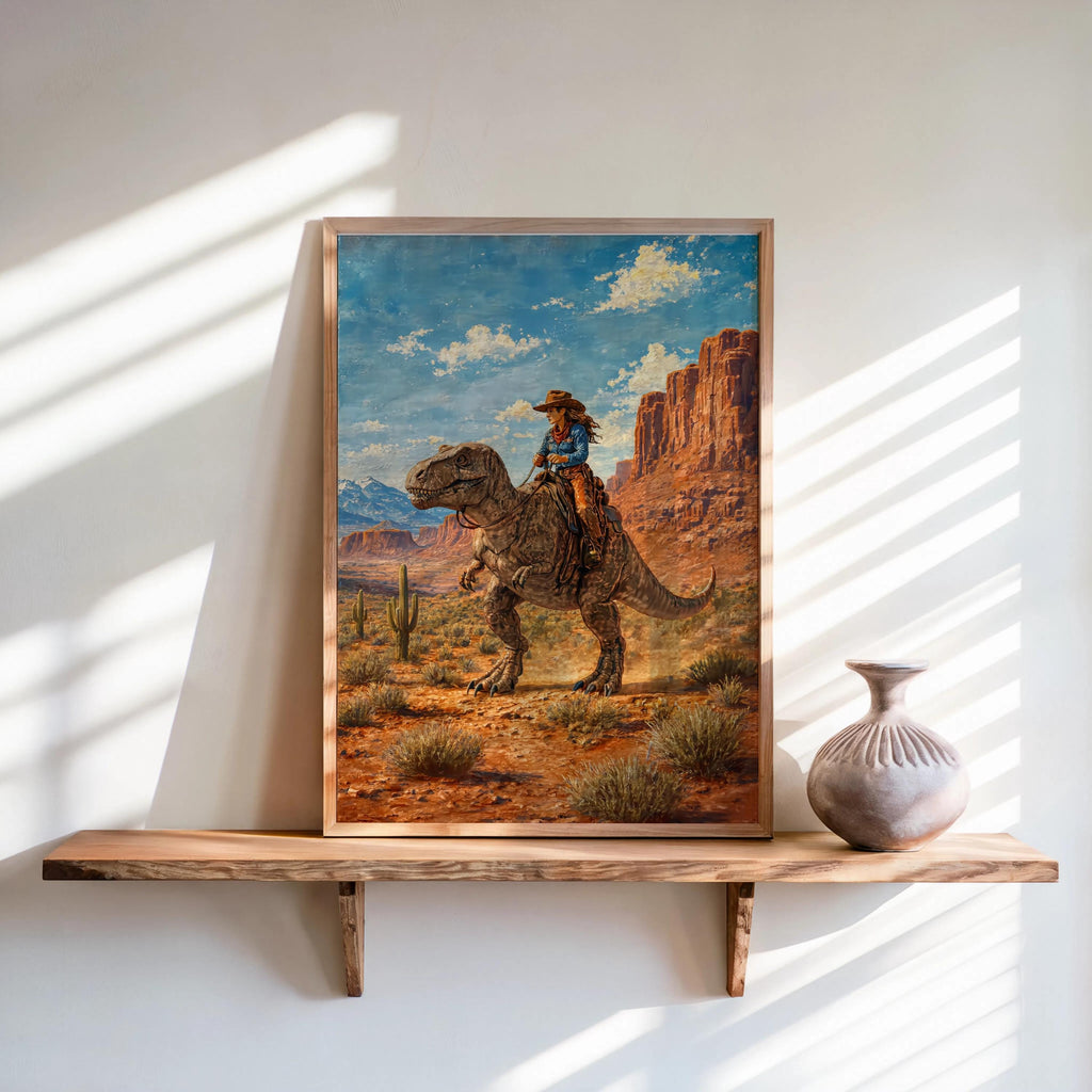 Cowboy & Cowgirl Riding Dinosaur Set of 2, Vintage Western T-Rex Print, Surreal Desert Landscape Deco, Funny Retro Jurassic Dino Print