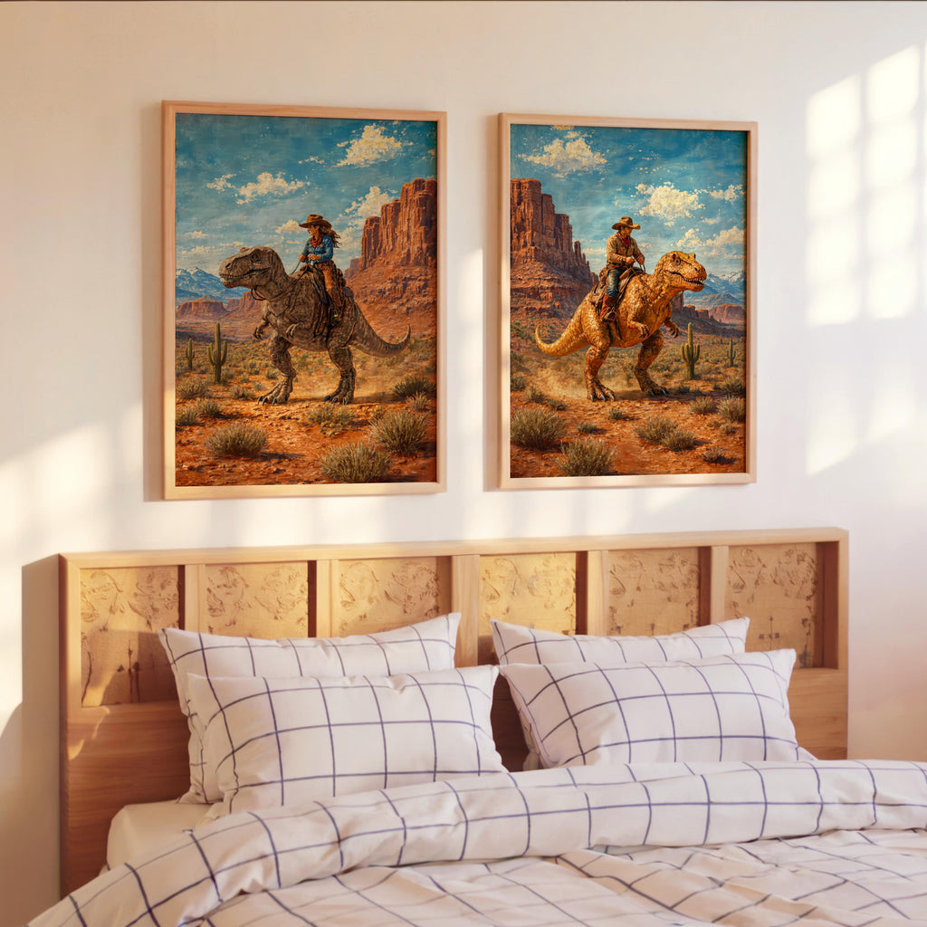 Cowboy & Cowgirl Riding Dinosaur Set of 2, Vintage Western T-Rex Print, Surreal Desert Landscape Deco, Funny Retro Jurassic Dino Print