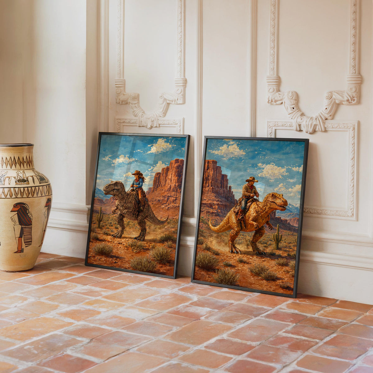 Cowboy & Cowgirl Riding Dinosaur Set of 2, Vintage Western T-Rex Print, Surreal Desert Landscape Deco, Funny Retro Jurassic Dino Print