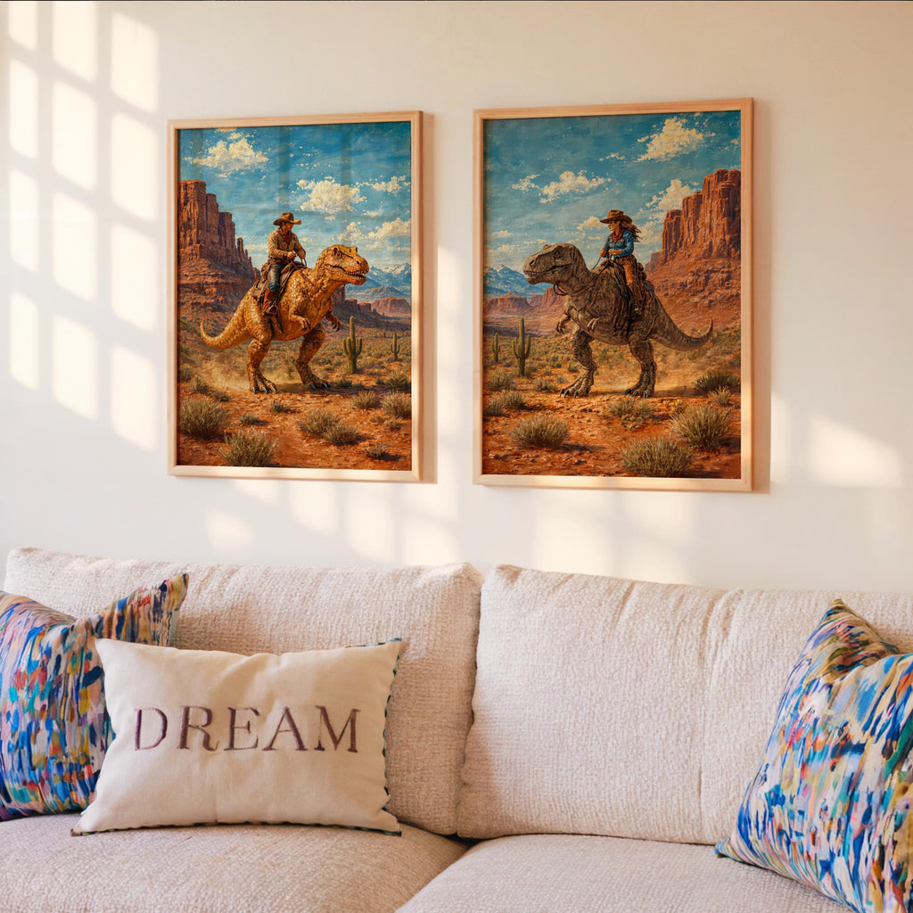 Cowboy & Cowgirl Riding Dinosaur Set of 2, Vintage Western T-Rex Print, Surreal Desert Landscape Deco, Funny Retro Jurassic Dino Print