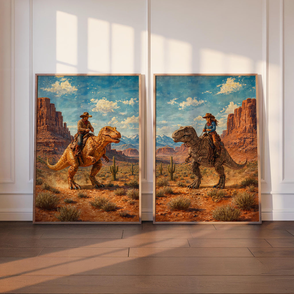 Cowboy & Cowgirl Riding Dinosaur Set of 2, Vintage Western T-Rex Print, Surreal Desert Landscape Deco, Funny Retro Jurassic Dino Print