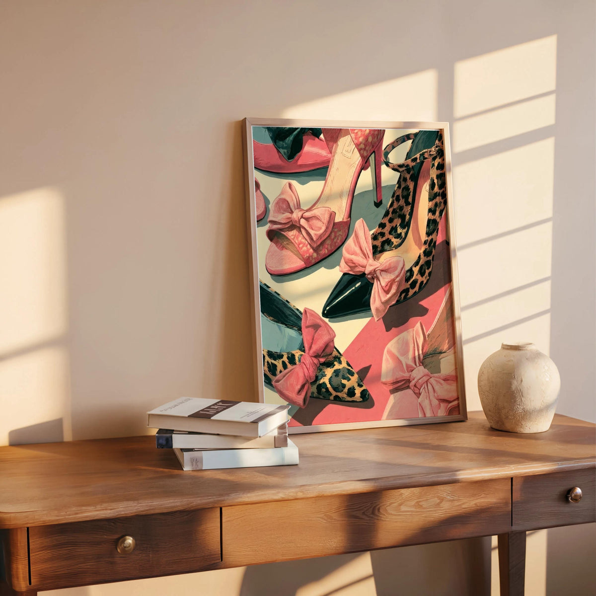 High heels wall art on a wooden desk with late afternoon light, stacked books and a decorative orb, chic styling