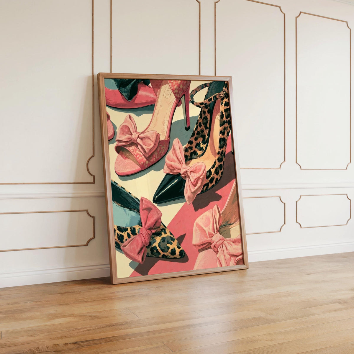 Vintage style shoe art leaning on white paneled wall, warm wood floor, editorial collage of leopard and bow-tied pumps