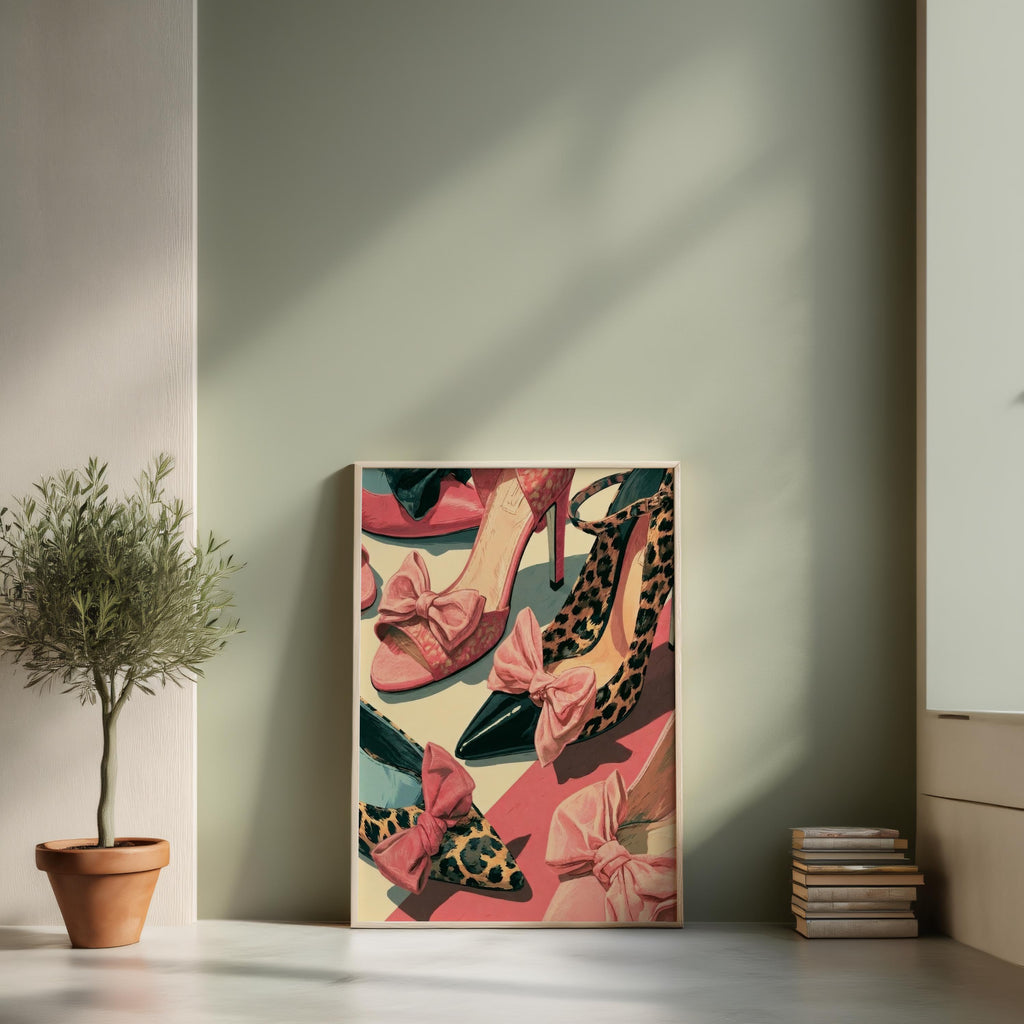 Coquette aesthetic print leaning against a muted green wall, potted olive, stacked books, leopard print heels and bows