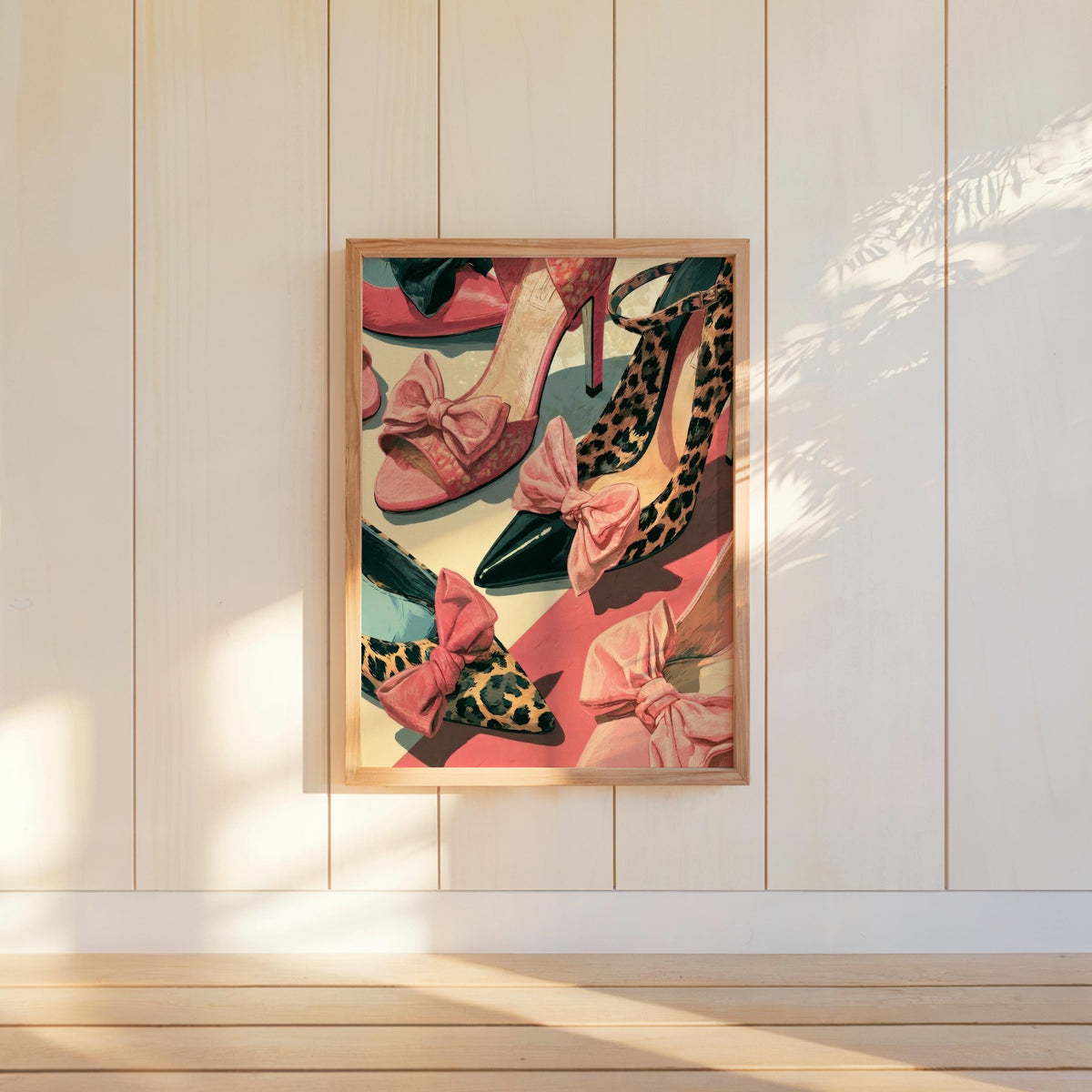 Maximalist gallery wall print centered on white paneled wall, sunlight highlights bold pink high heels poster