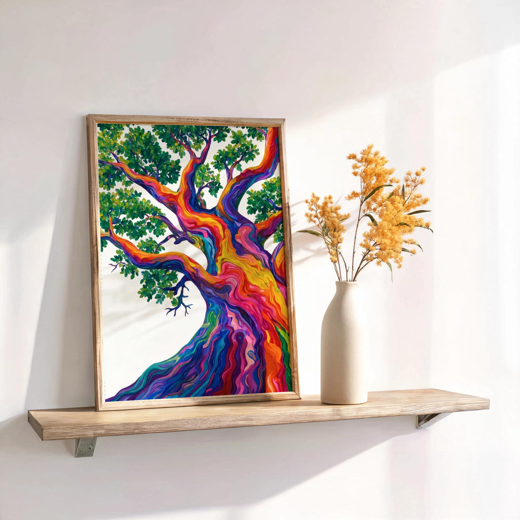 Rainbow Tree Art, Colorful Abstract Japanese Pine Tree Poster, Contemporary Nature Print, Bold Eclectic Maximalist Decor, Trippy Wall Art